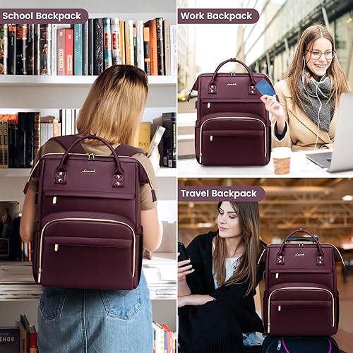 Miniatura 6 de LOVEVOOK Mochila para laptop para mujer, mochila para mujer a la moda, Rojo vino, Mochilas de viaje