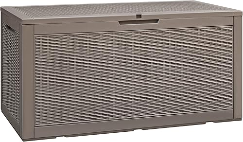 GUNJI Caja de almacenamiento para exteriores de 100 galones, impermeable, grande, de resina, para patio, banco de almacenamiento, contenedor de