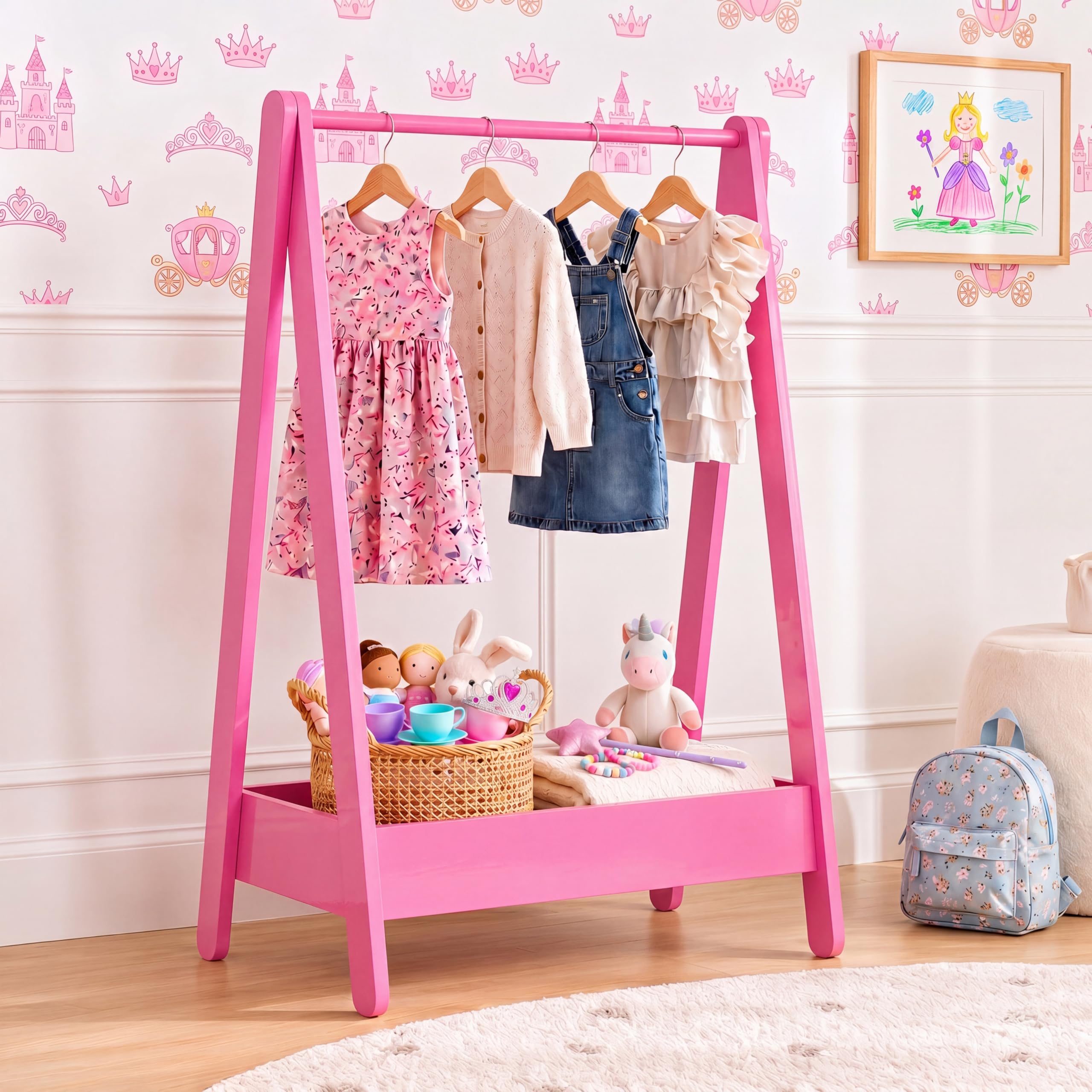 Junior Vida Kids Clothes Rack | Pink | 99H x 64.5W x 42D cm | Solid Pine Wood | Space-Saving Hanging Dress Rail | Extra Storage Shelf | Portable | Toys, Footwear | Children Bedroom Furniture