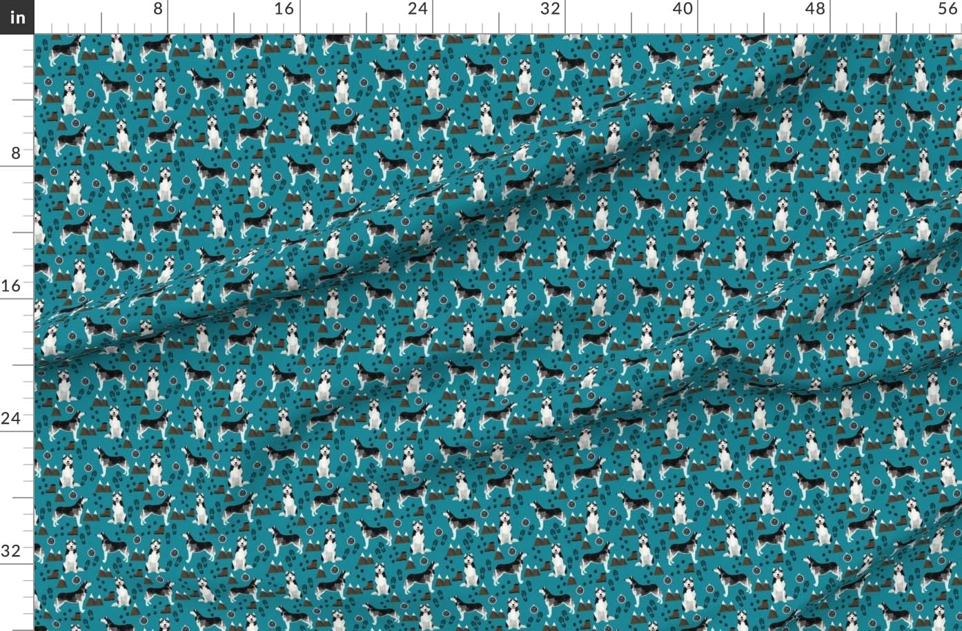 Spoonflower Fabric - Husky Siberian Dogs Mountains Hiking Paw Prints Teal Huskies Teepee Printed on Organic Cotton Sateen Fabric by The Yard - Sewing Quilting Apparel Home Decor