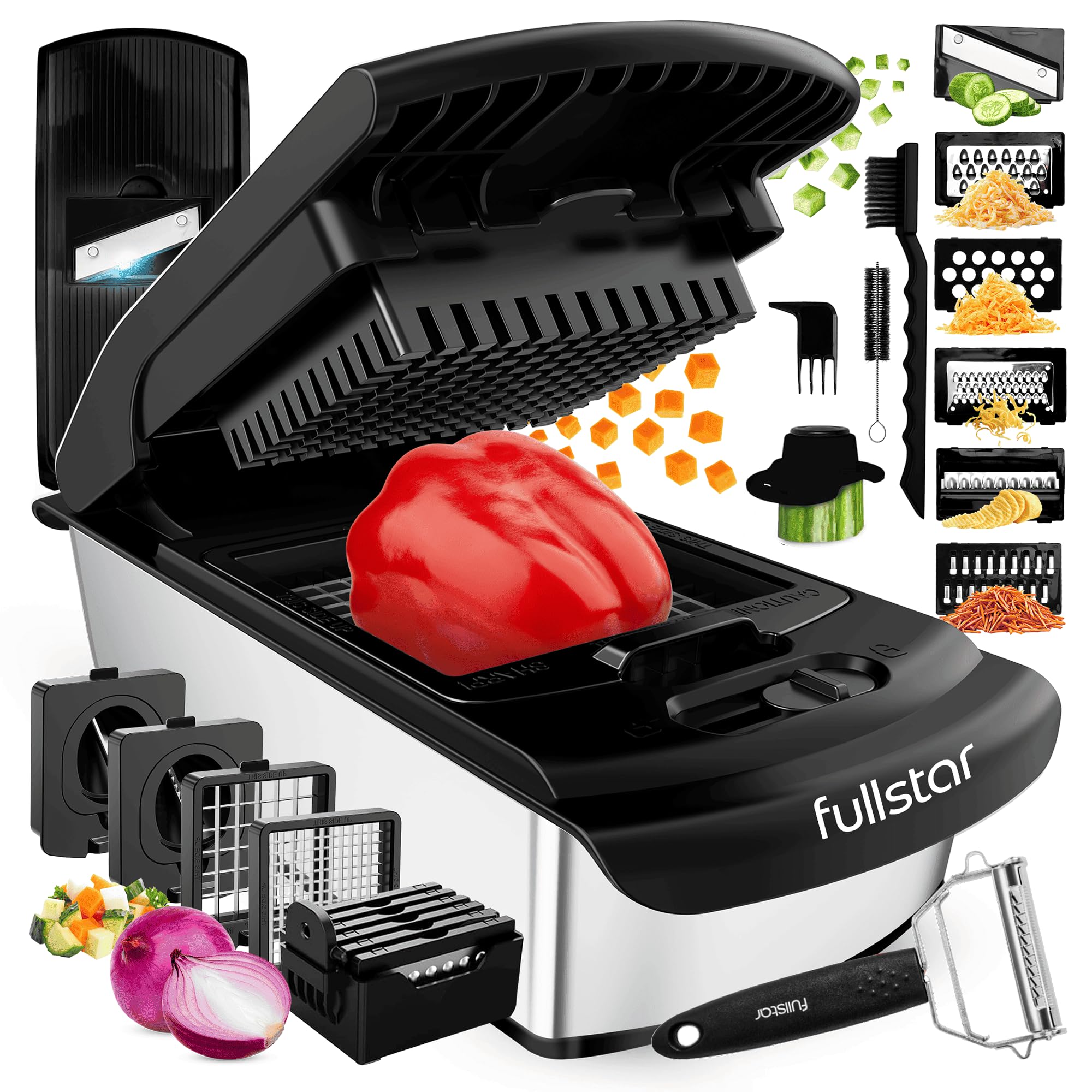 Vegetable Chopper & Mandoline Slicer with Container - Veggie Onion Salad Food Cutter Dicer - Julienne & Wavy Slicer - Grater Zester - Kitchen Tools Gadgets - Home Essentials (14-in-1 PRO SS Black)