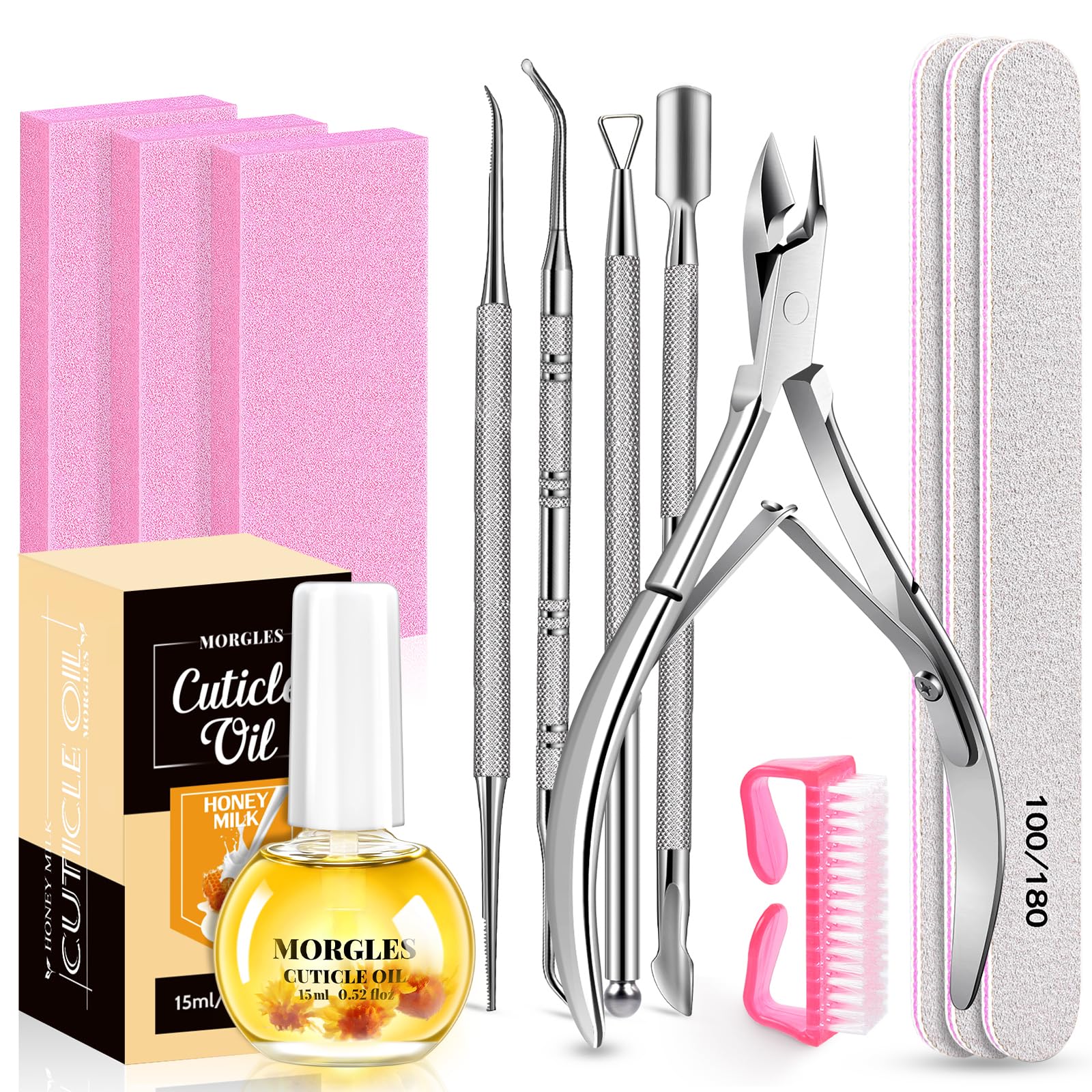 MORGLES Nail File and Buffer Blocks with Nail Care Kit, 13 Pcs Manicure Kit for Women with Milk and Honey Cuticle Oil and Cuticle Trimmer Set