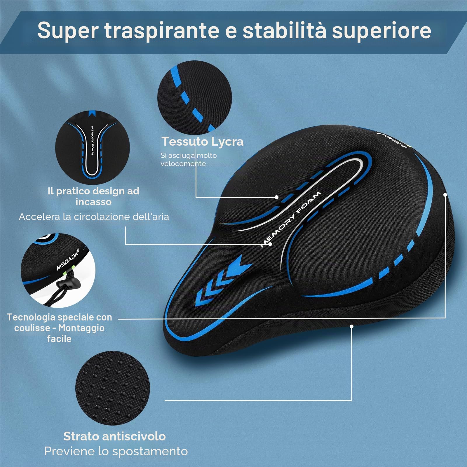 MSDADA Coprisella Bici in Gel, Grande Coprisella Cyclette Imbottito, Cuscino Sedile Bici per Biciclette da Strada, Cyclette, City Bike, Mountain Bike, Elettrica, Spinning(Blu)