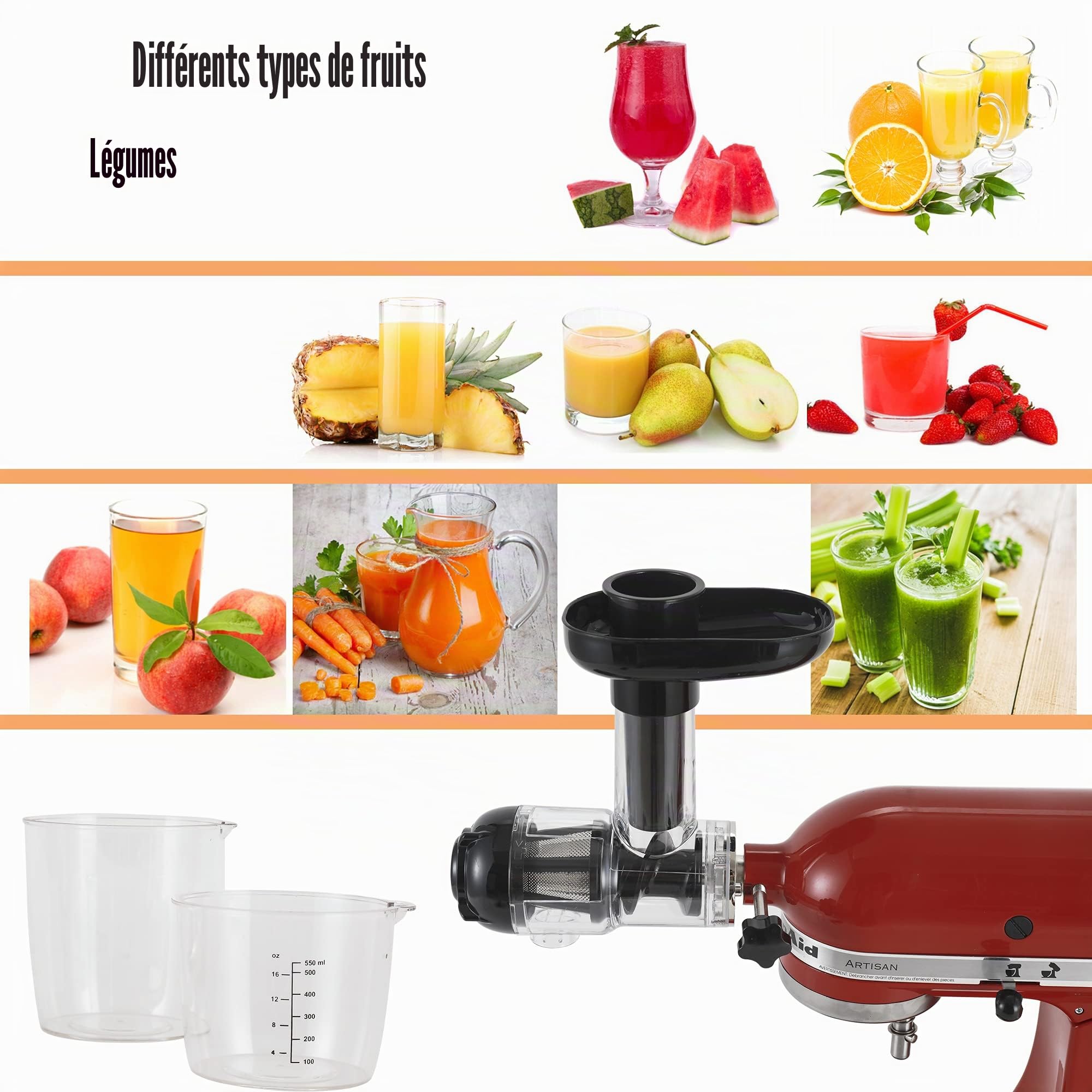 Italdos Extracteur de Jus Froid compatible pour KitchenAid, Extracteur de Fruits et Légumes, Slow Juicer Presse à Froid adapté à tous les Fruits et Légumes, Rendement élevé en Jus
