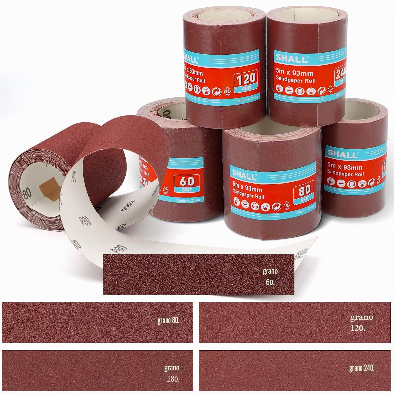 SHALL Juego de 5 rollos de papel de lija de 9,3 cm x 5 m, grano 60/80/120/180/240, papel de lija de óxido de aluminio para lijar, pulir y eliminar el óxido