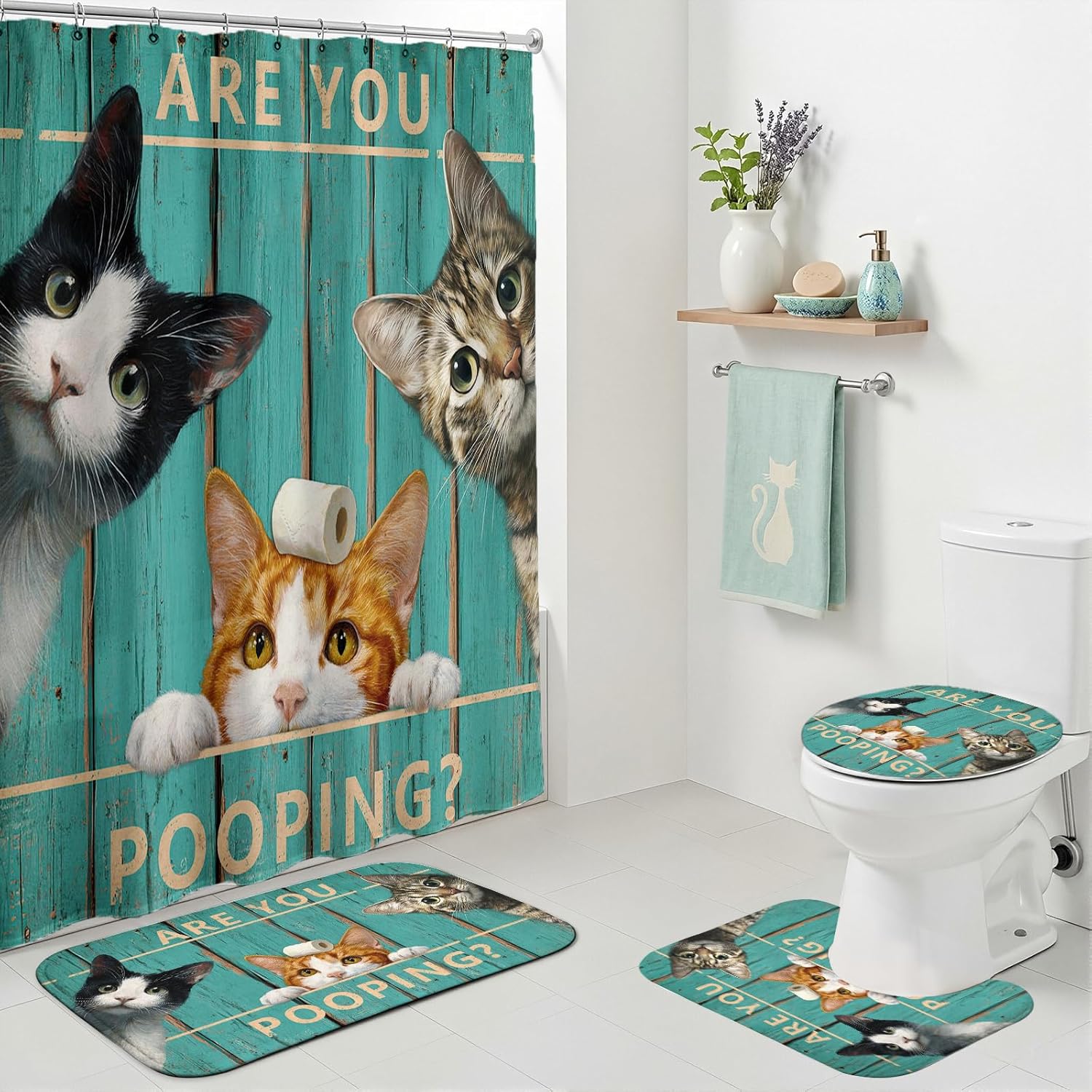 Mocsicka Vintage Funny Cat Shower Curtain Set Retro Green Plank Door Farmhouse Black Cat Bath Decor Set Funny Bath Curtain Set with Anti-Slip Waterproof Bathtub Bathroom Rugs Toilet Lid Cover