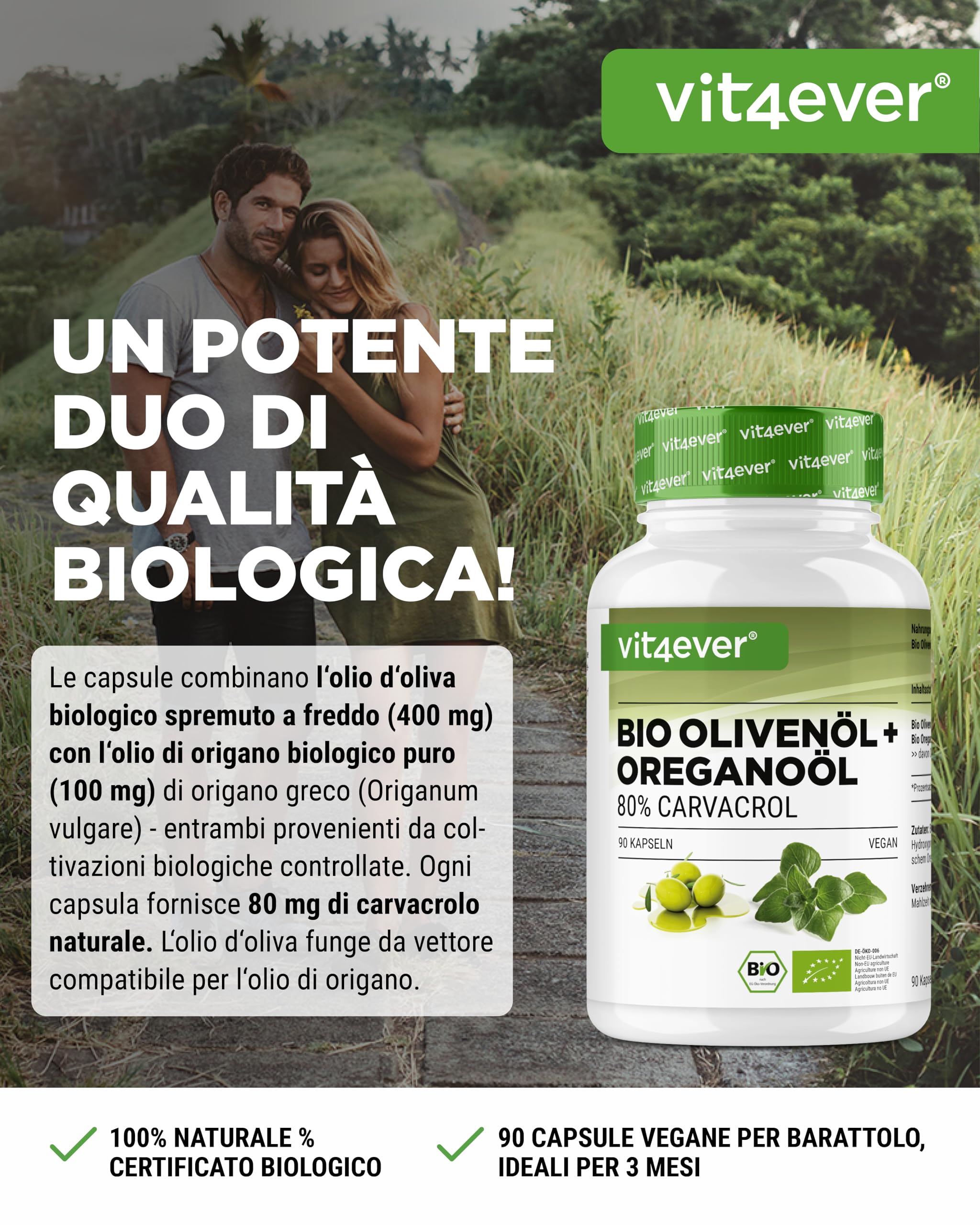 Olio di origano biologico e carvacrolo 80 mg - 90 capsule con olio d’oliva vergine da coltivazione controllata - Origano greco ad alto dosaggio - Vegano