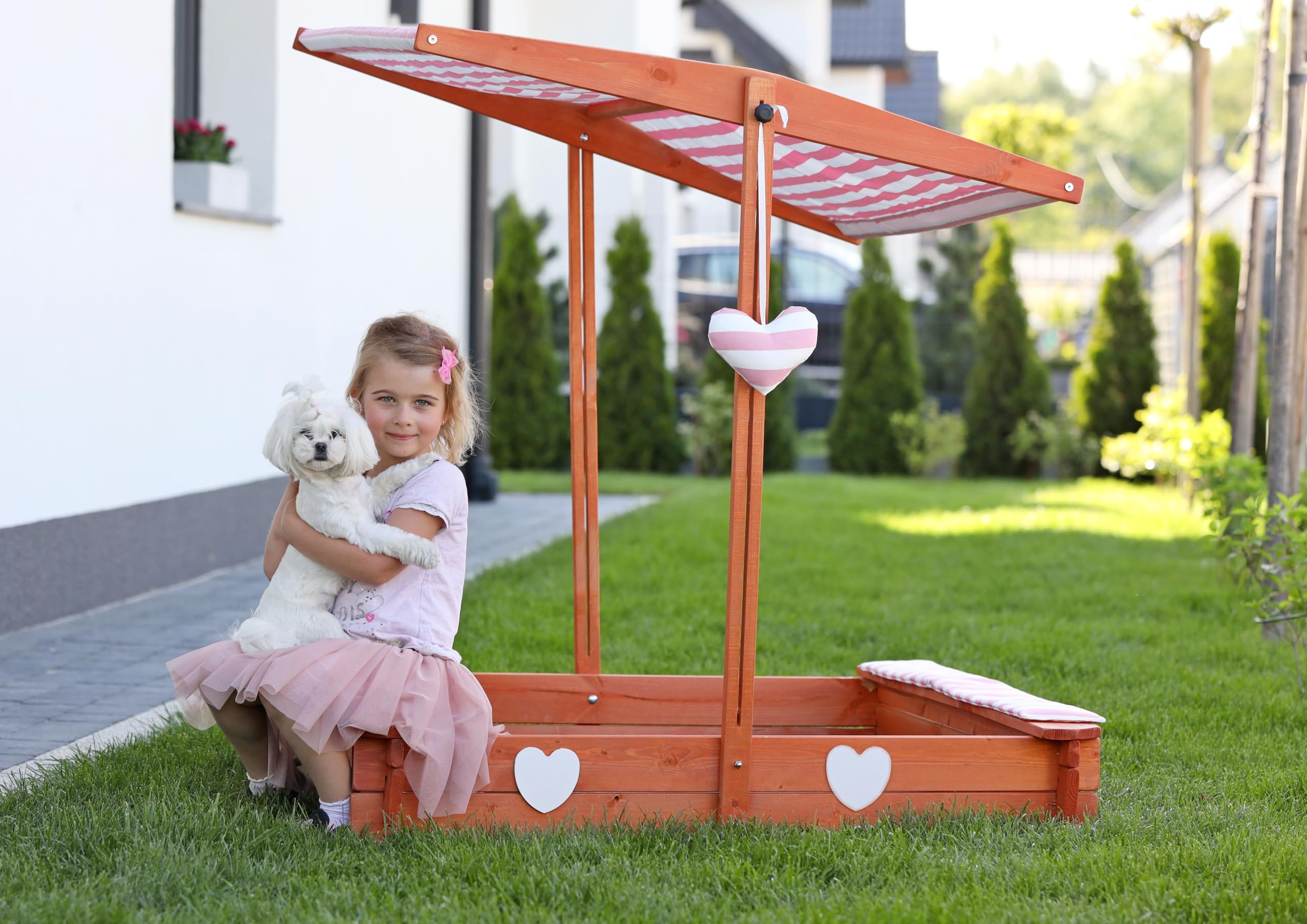 Sandkasten mit wasserdichtem Dach 120x120x120cm Naturholz Fichtenholz UV-Schutz + weiche Sitzkissen, Kantenschutz Vliesboden Sandspielzeug für Kinder (Rosa)