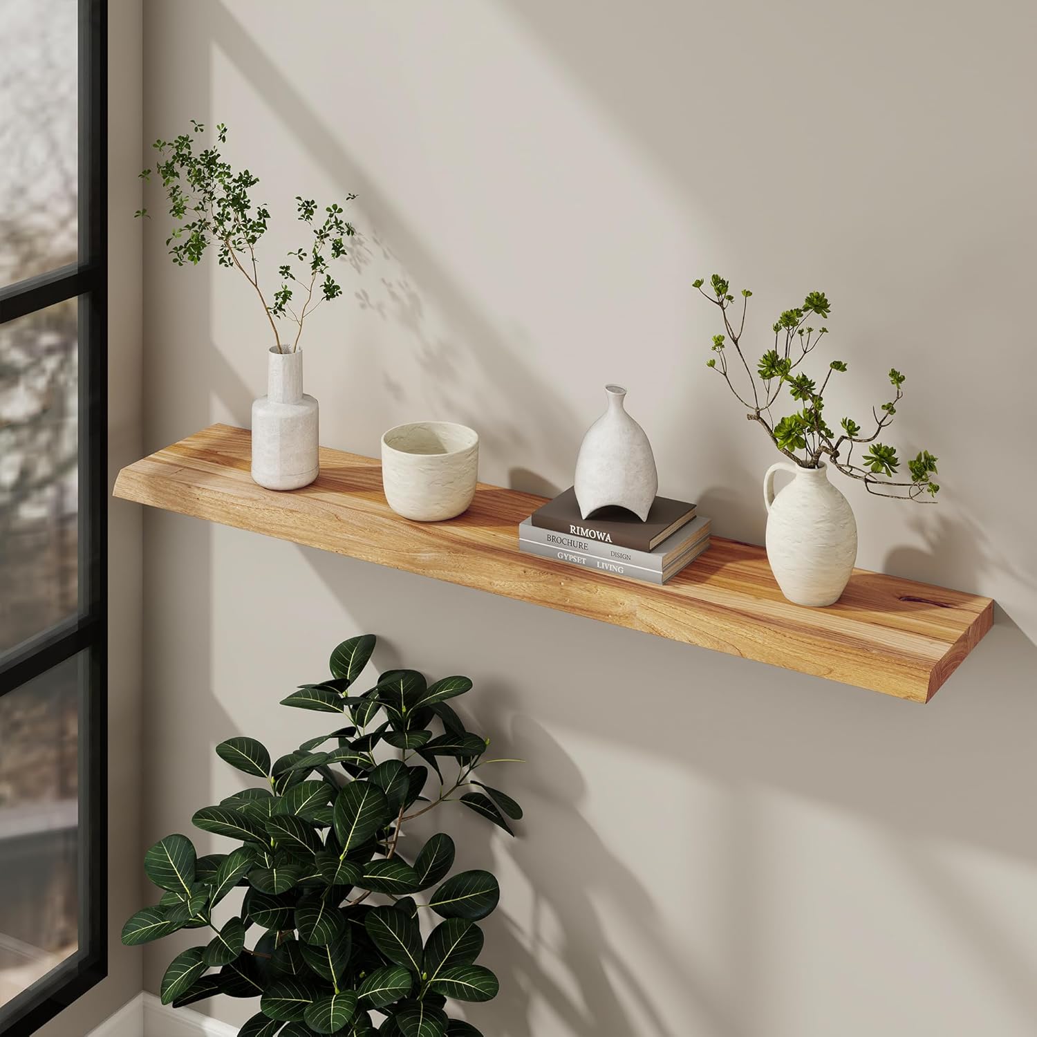 Fun Memories 48 Inch Wood Floating Shelves, Live Edge 9.3" Deep Large Wall Shelves for Storage, Wall-Mounted Display Shelves with Invisible Heavy-Duty Metal Bracket for Living Room Bedroom, Natural