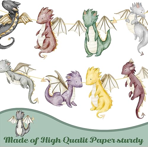 Vista 4 de Banners de dragón de 2 piezas de acuarela con recortes para fiesta de dragón de fantasía, pancarta de fiesta de dragón de caballero de dragón