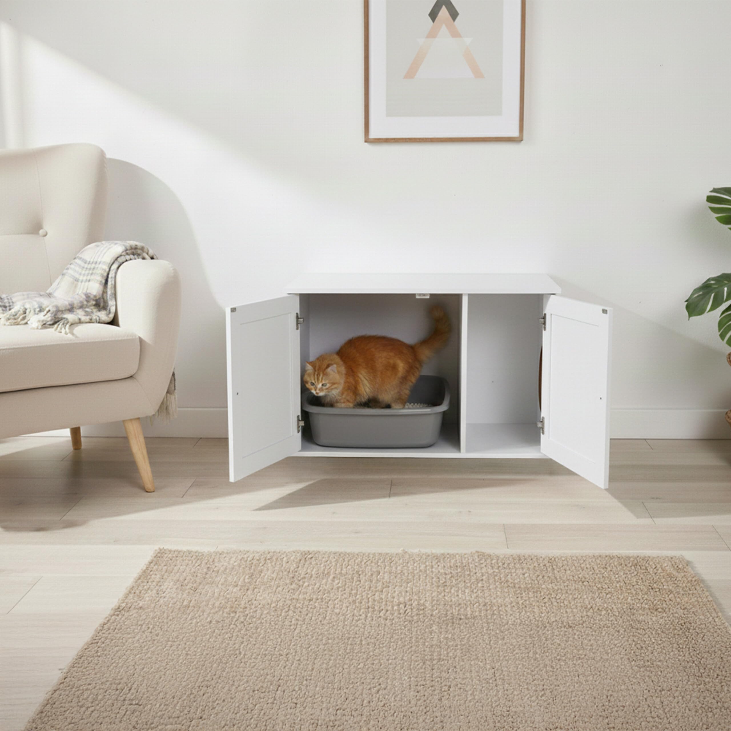 Relaxdays Armario para Gatos con Entrada Lateral, Bandeja, Tabique, 50x80x53 cm, Blanco