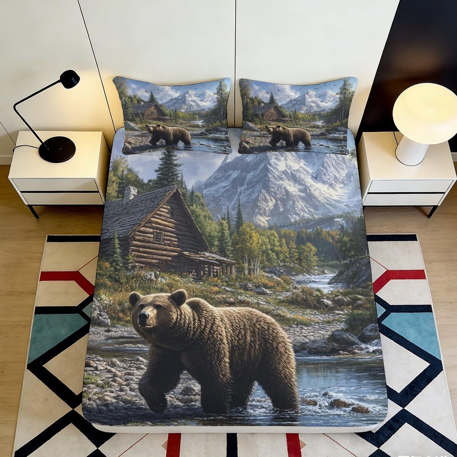 3D Printed Bear Forest Fitted Sheet Microfiber Cabin Mountain Mattress Cover Anti-Slip Washable Bed Decor for Bedroom Guestroom 90x200x25cm