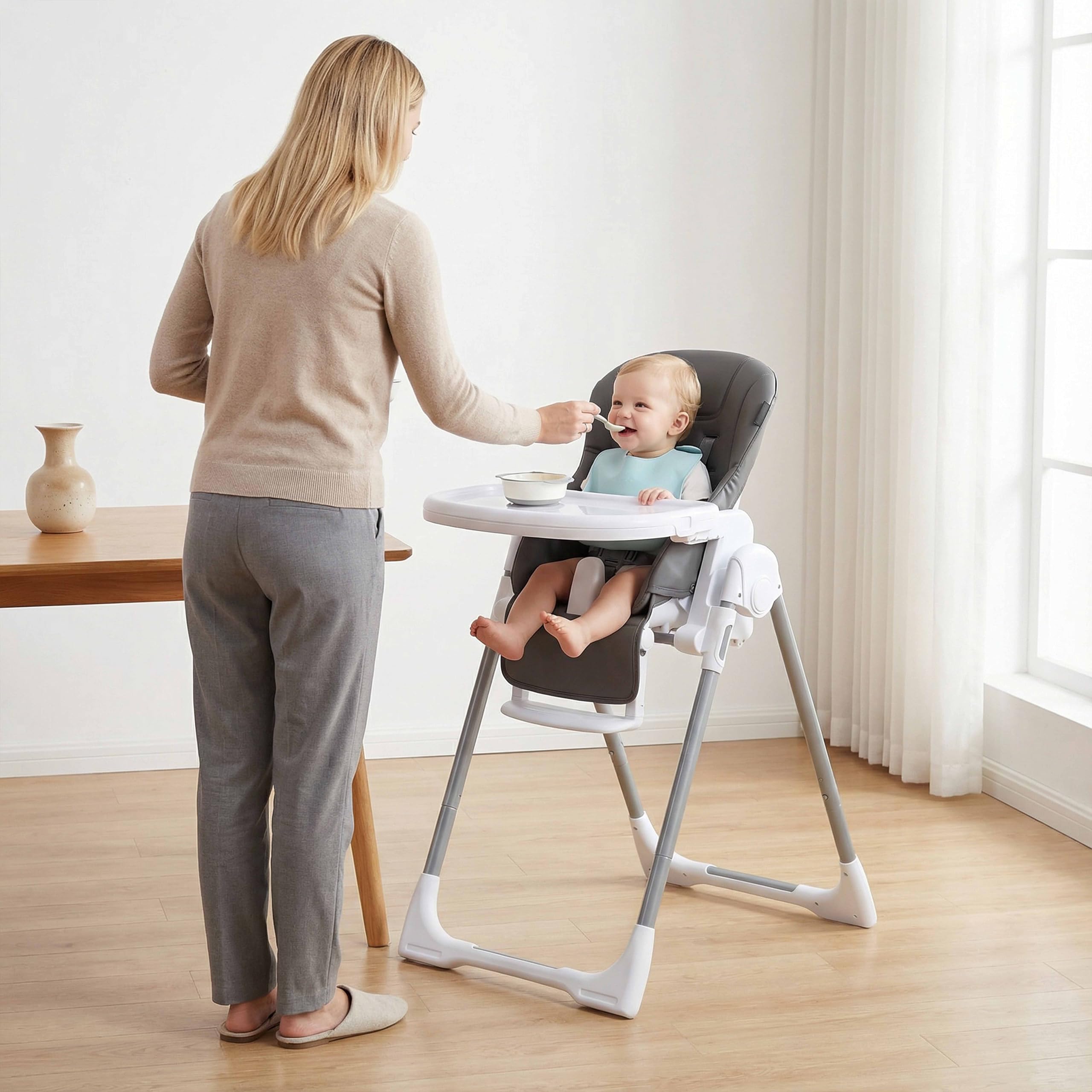 LIFEZEAL Trona Evolutiva para Niños de 6 a 36 Meses, Silla Alta Plegable Reclinable con Altura Ajustable, Cinturón de Seguridad de 5 Puntos, Doble Bandeja Extraíble y Ruedas (Gris oscuro)
