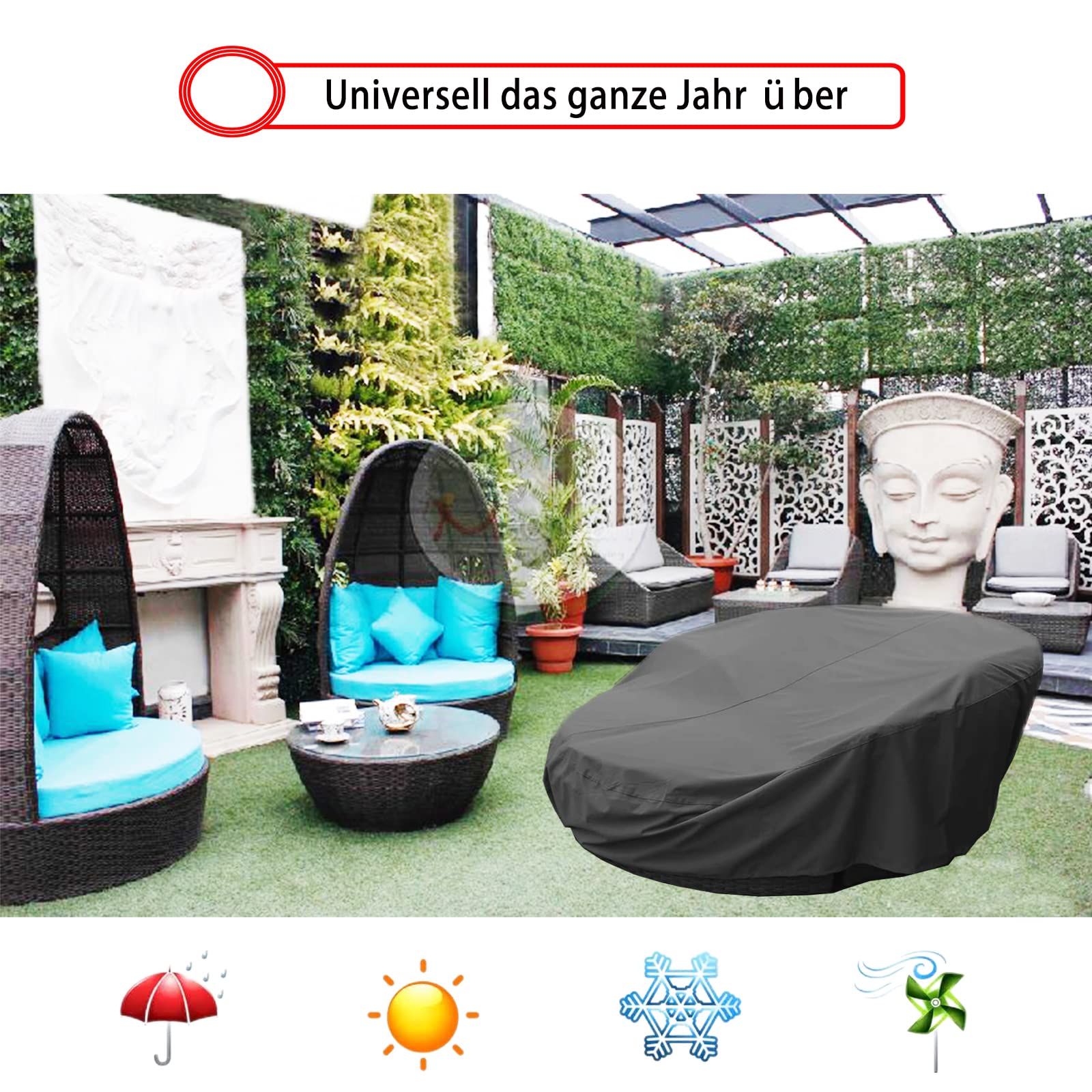 Housse Lit de Jardin Rond, 600D Housse Lit de Jardin Imperméable avec Bandoulière, Housse de Protection Canapé lit Anti-Vent - Noir (Ø200cm)