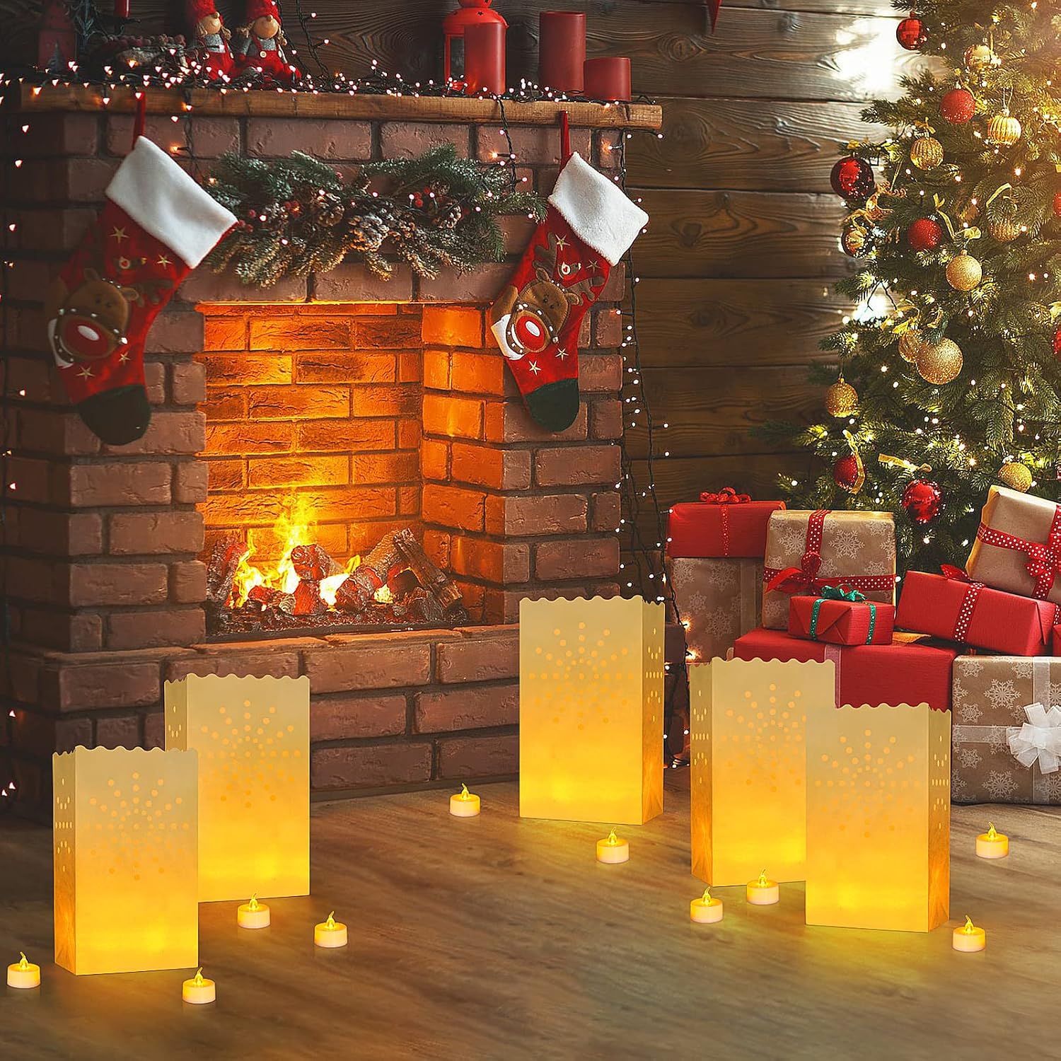 AceList 30 Set Luminaries Bag with Flameless Candles， Flickering LED Tea Lights with Paper Luminary Bags Battery Operation for Wedding Party,Halloween, Thanksgiving, Christmas Decoration（Sun）