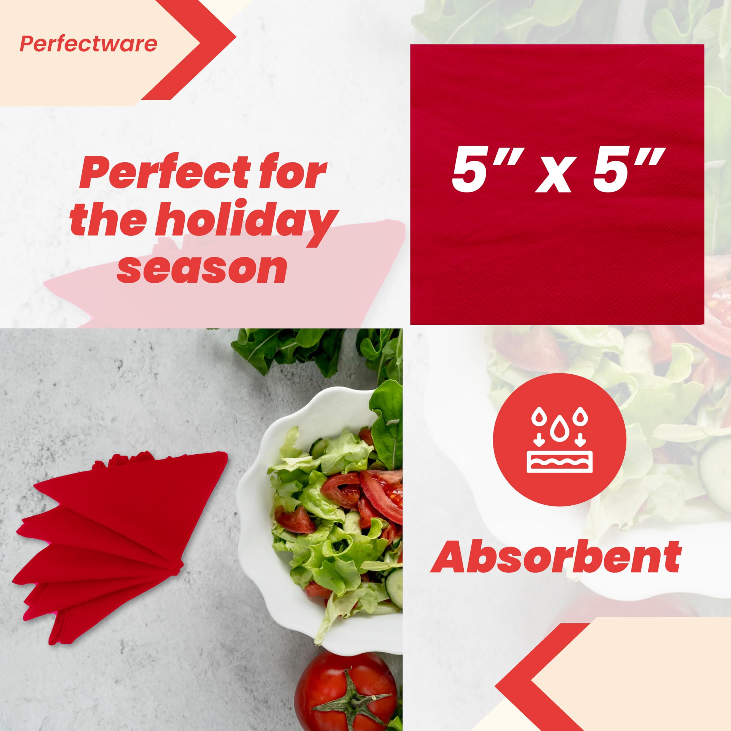 Perfectware - PW-2 capas Red Bev-250 servilletas de 2 capas rojas para bebidas - Paquete de 250 unidades