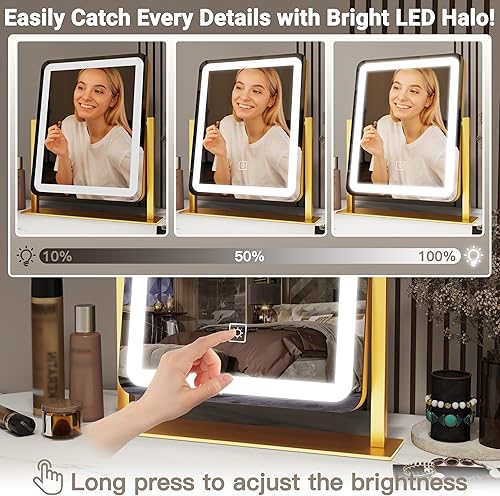 Miniatura 2 de FENNIO Espejo de tocador con luces  Espejo de maquillaje con luz LED de 15 x 12.6 pulgadas, espejo de maquillaje grande con luces, pantalla táctil