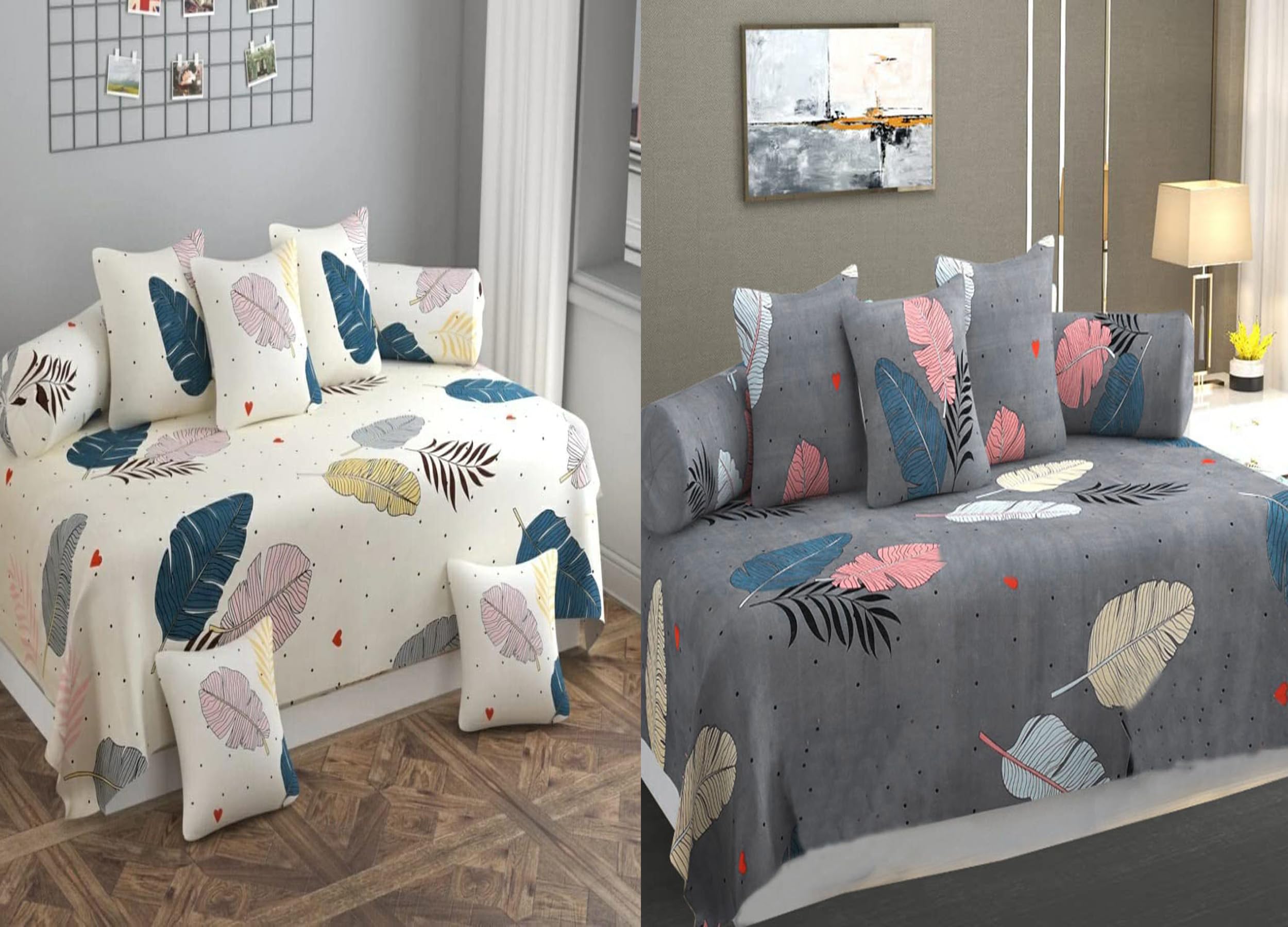 Premium Floral Printed Glace Cotton 6 Piece diwan Set Combo -(2 diwan bedsheet, 10 Cushion Covers, 4 Bolster Covers, Cream & Grey-image-20