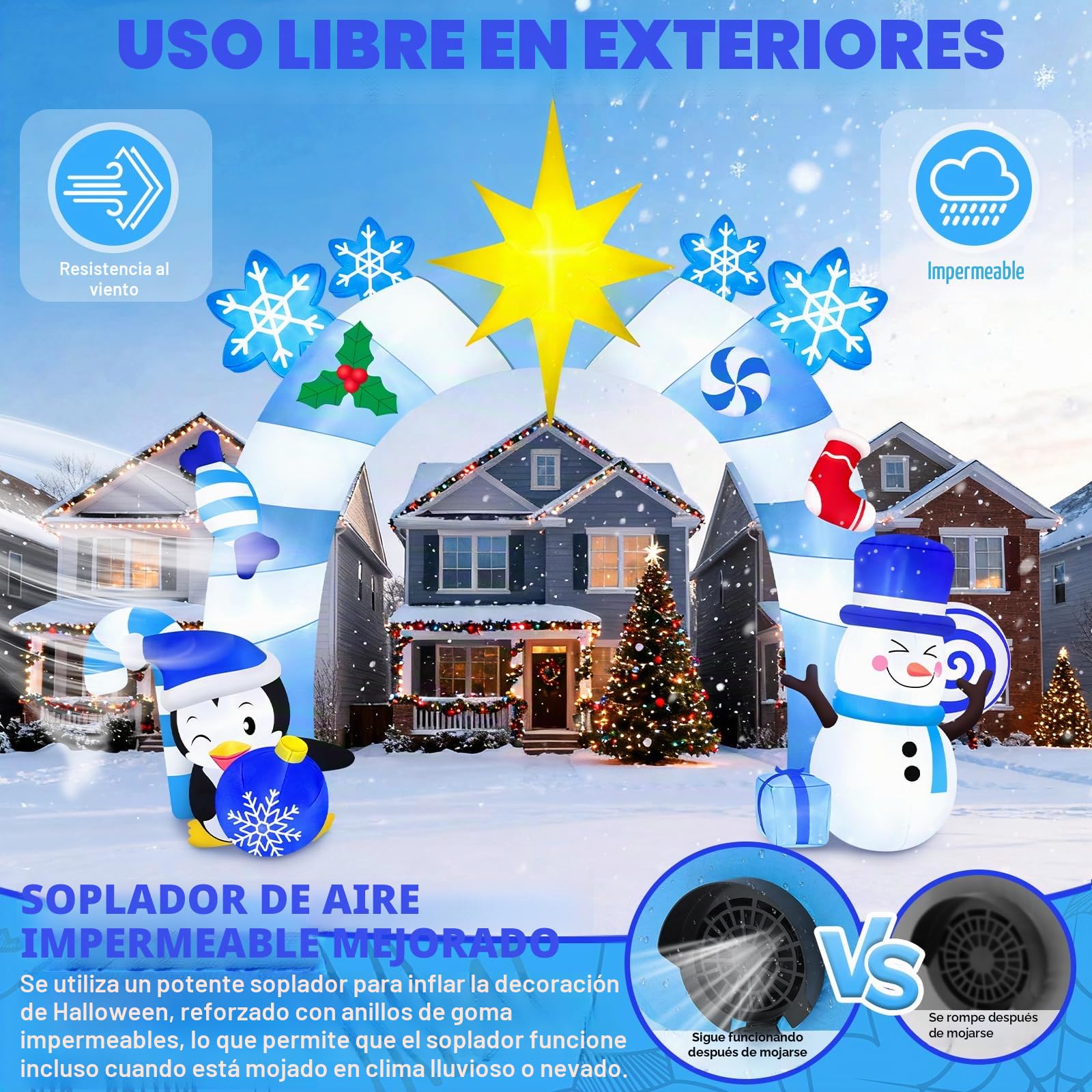 12 pies Arco Inflable Navideño, Kalolary Muñeco Nieve Azul de Invierno Pingüinos Túnel Inflable Navideño Decoración Navideña para Exteriores el Hogar Fiestas Césped Jardín Centro Comercial Calle