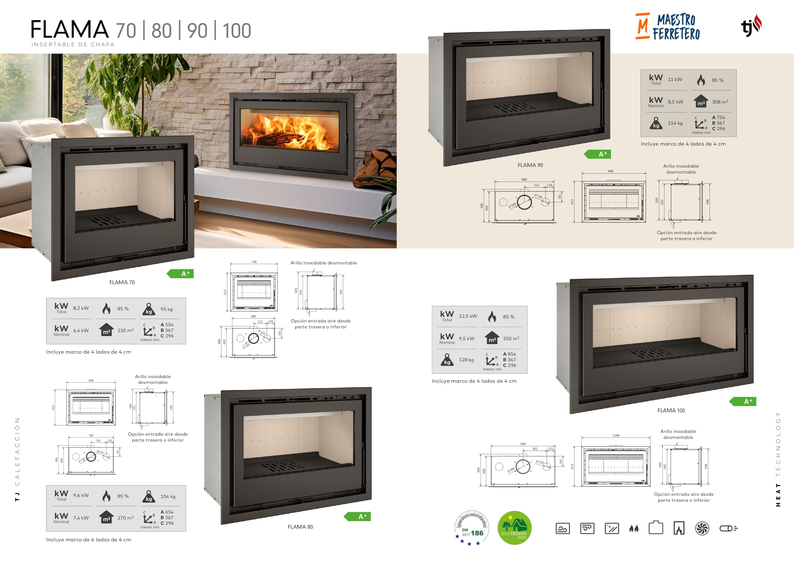TJ - Chimenea Insertable de Leña con Turbinas Modelo FLAMA 80 de 9,6 kW