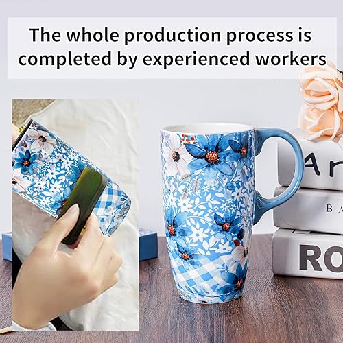 Miniatura 7 de Taza de café de viaje de cerámica con tapa, regalo para el hogar y la oficina, taza de té alta de porcelana de 17 onzas con mango de arte floral en