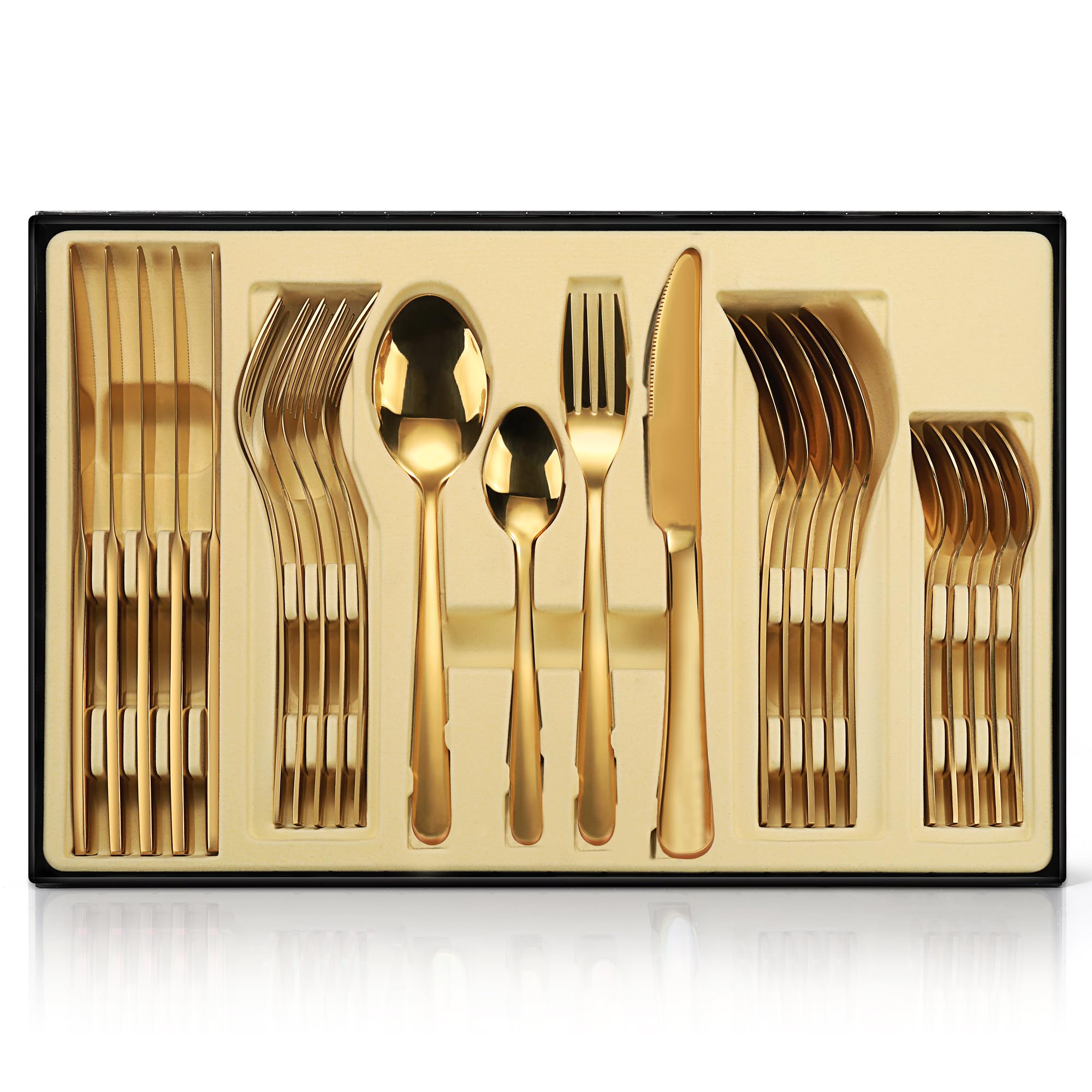 Juego de cubiertos dorados, 24 piezas de acero inoxidable pulido espejo, juego de utensilios de cocina para 6 personas, vajilla para el hogar y el restaurante con caja de regalo
