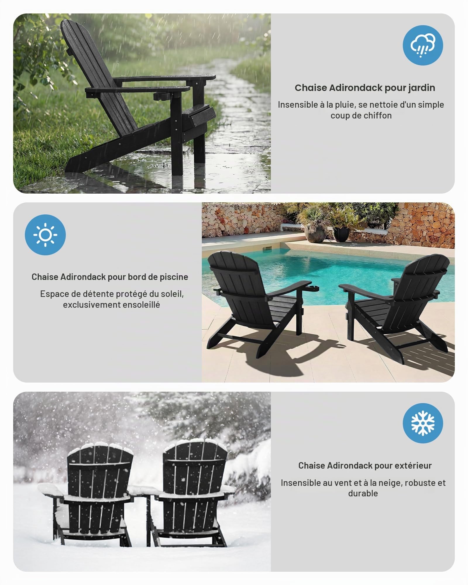 MXIMU Adirondack Chaise d'extérieur pour Jardin : Dossier Ergonomique Confortable et Durable avec Porte-gobelet – Chaises Adirondack Toutes Saisons pour terrasse/Foyer/Camping/Piscine