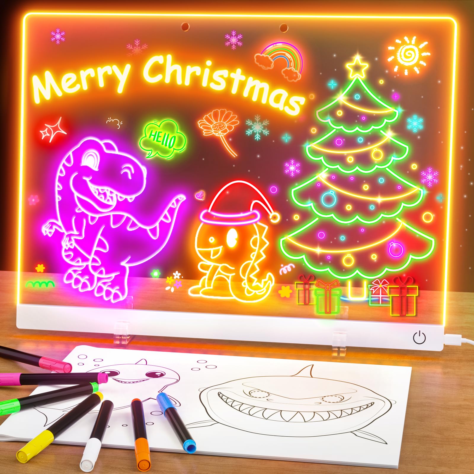 Acrylic Dry Erase Board with Light, 13.7"X10" 6-Color Neon Glow Memo LED Light-Up Message Note Lumiboard with Stand as Night Light for Room/Store/Office/Festival/Gift, Touch Control, 7 Markers