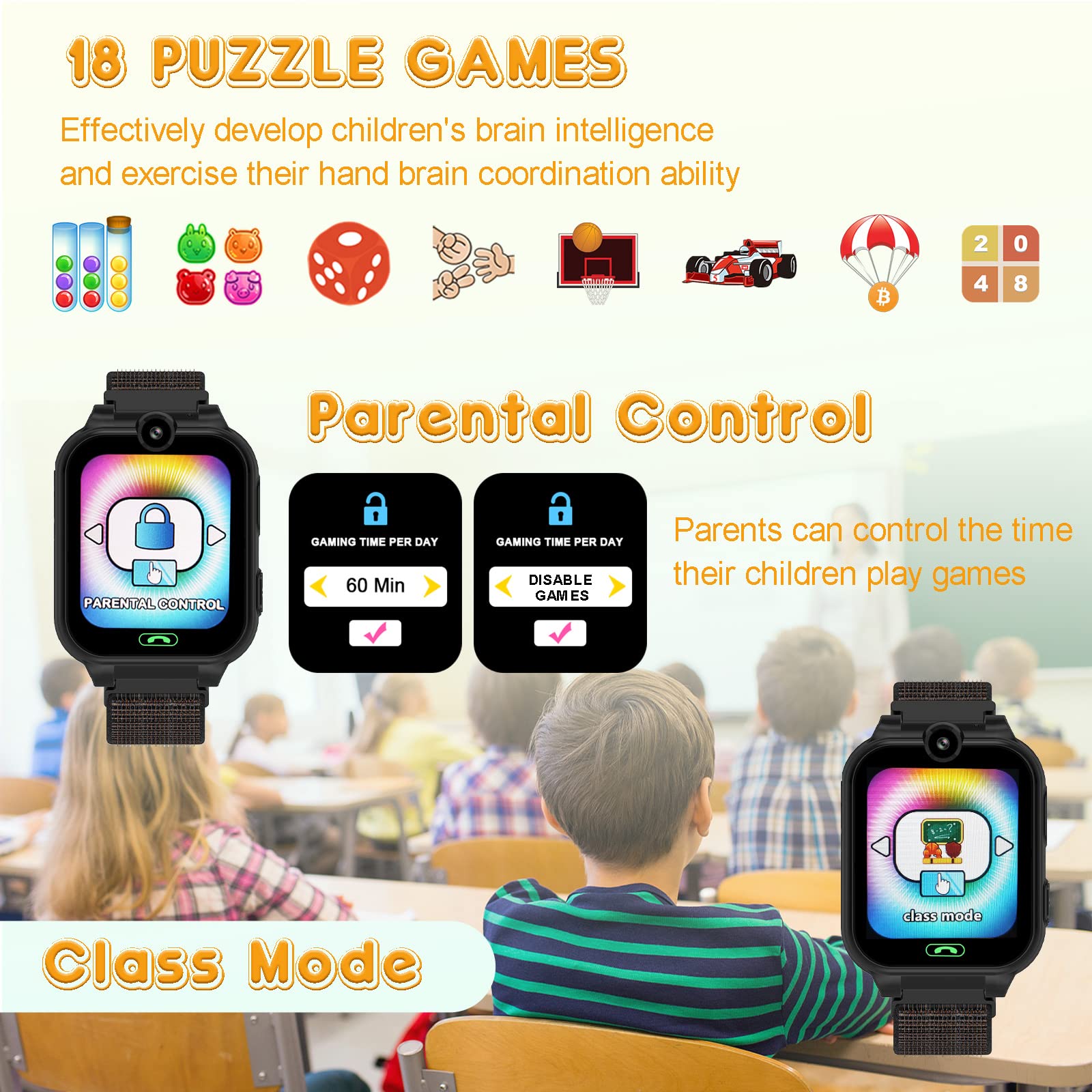 PTHTECHUS Smartwatch Kinder - 1.68'' Uhr Telefon für Mädchen Jungen mit Anruf, SOS, 18 Spiele, Musik, Kamera, Wecker, Taschenlampe, Kinderuhr Telefonieren Smart Watch Kids Geschenk