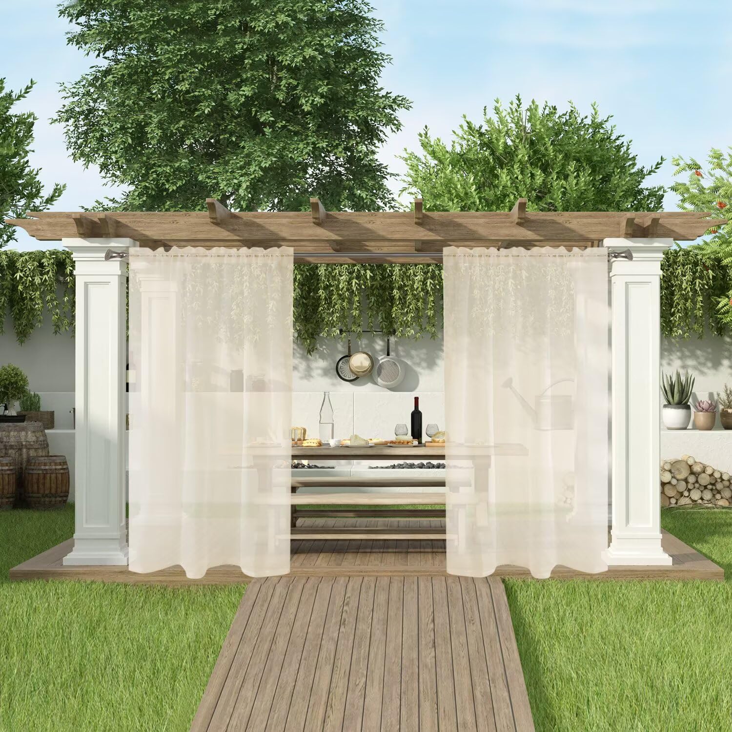 SpaceDresser Voilages imperméables pour terrasse – 2 Panneaux de voilages d'intérieur avec Passe-Tringle pour Salon, 254 x 243 cm (l x L), Ivoire