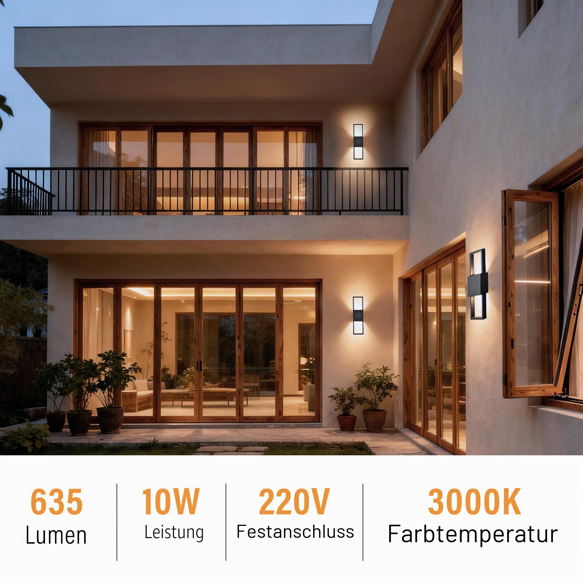 Alighting 10W LED Außenwandleuchte Up & Down 2 Pack | 3000K Warmweiß, Metall und Glas Wandleuchte, Fest Verdrahtet, IP44 Außenlampe für Hauswand, Balkon, Terrasse, Schwarz Matt