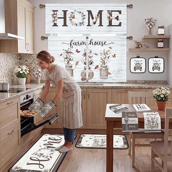 Britimes Farmhouse Brown Kitchen Decor Sets Floral Truck Rustic Kitchen Sets for Housewarming Home Decorations Includes Valance Curtains Towels Rugs Oven Mitts Pot Holders Kitchen Accessories Set