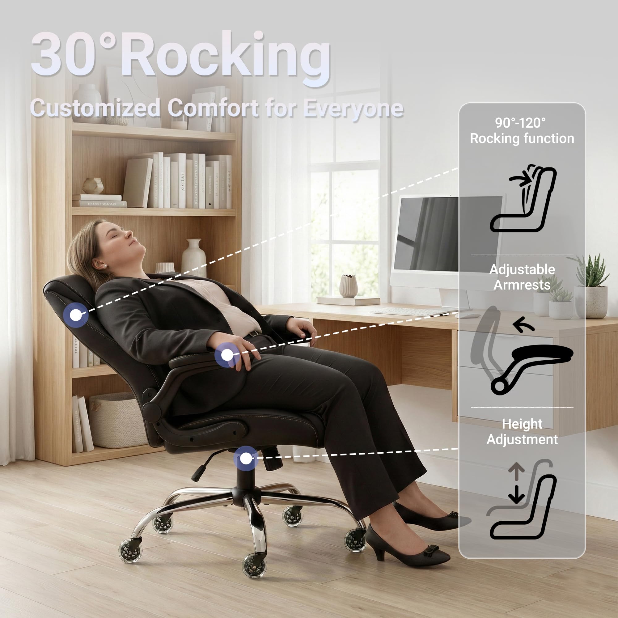 Big and Tall Office Chair for Heavy People, Executive Desk Computer Chair Adjustable Flip-up Armrests, PU Leather Swivel Task Chair with Ergonomic High Back and Lumbar Support