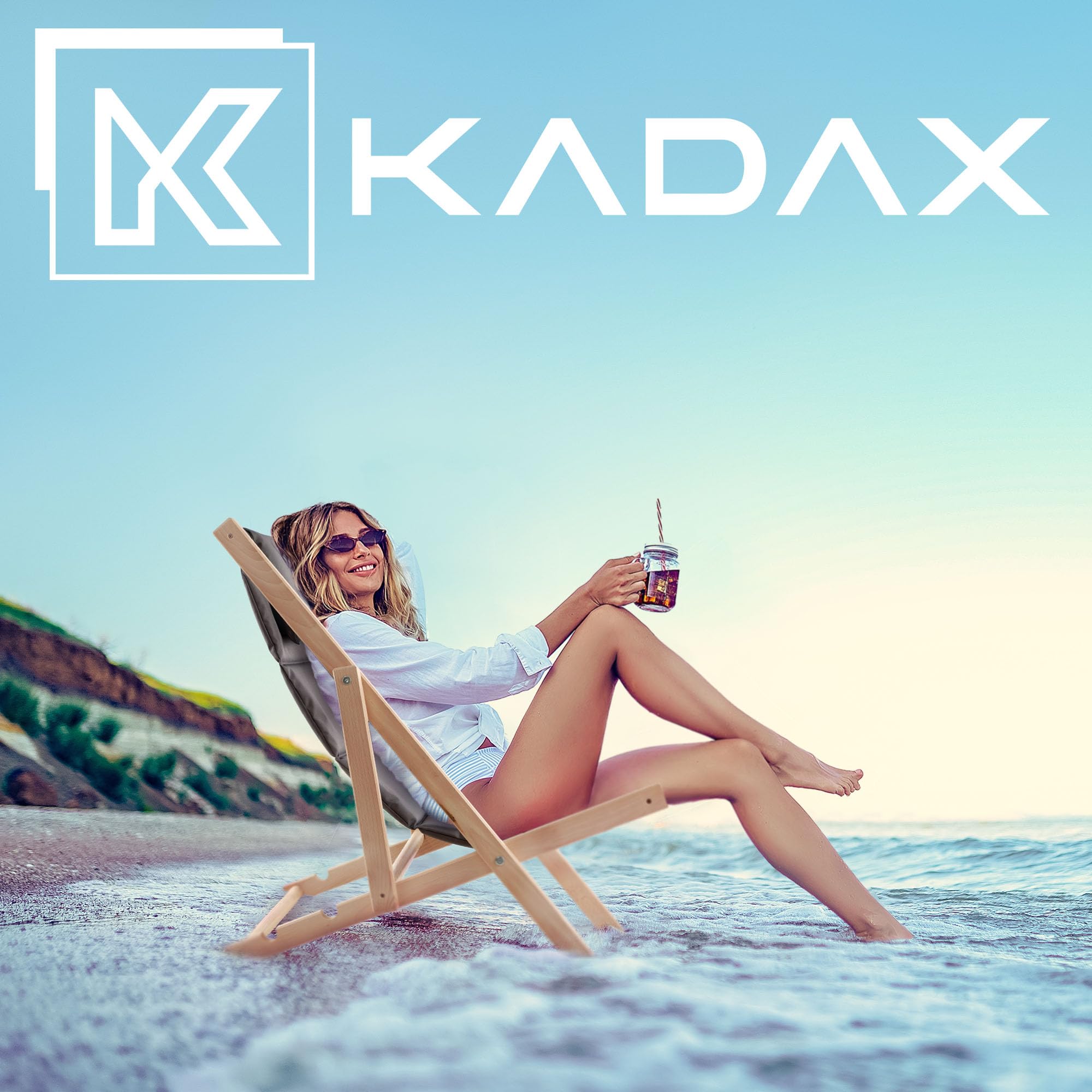 KADAX Liegestuhl, Strandstuhl aus Holz, Sonnenliege bis 120kg, Liege aus Buchenholz, Holzklappstühle, Strandliege, Klappliege für Strand, Holz-Liegestuhl (Mit Kopfstütze, Grau)