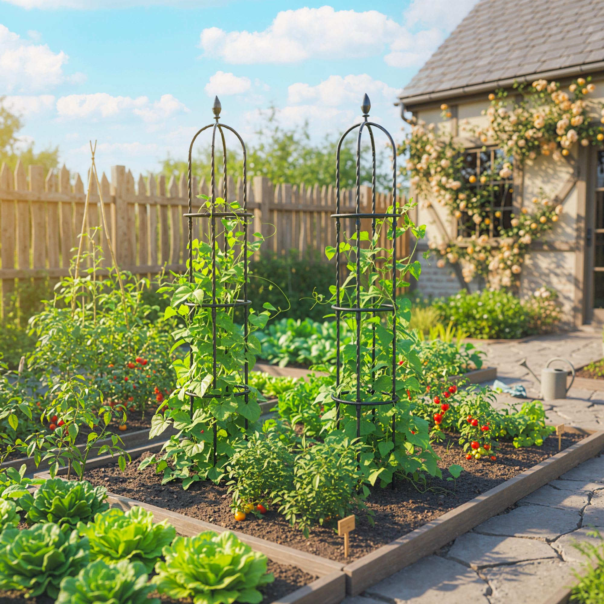Outsunny Set di 2 Supporti per Piante Rampicanti Alti 1.74 m, Traliccio per Rampicanti da Giardino Alti in Acciaio Rivestito in PE con Decorazioni, per Rose, Pomodori, Fiori, Piselli e Verdure, Nero