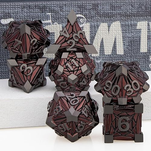 Miniatura 5 de Juego de 7 dados de metal para DND con caja, dados D20 D12 D10 D8 D8 D6 D4 de color rojo para juegos de mesa D&D