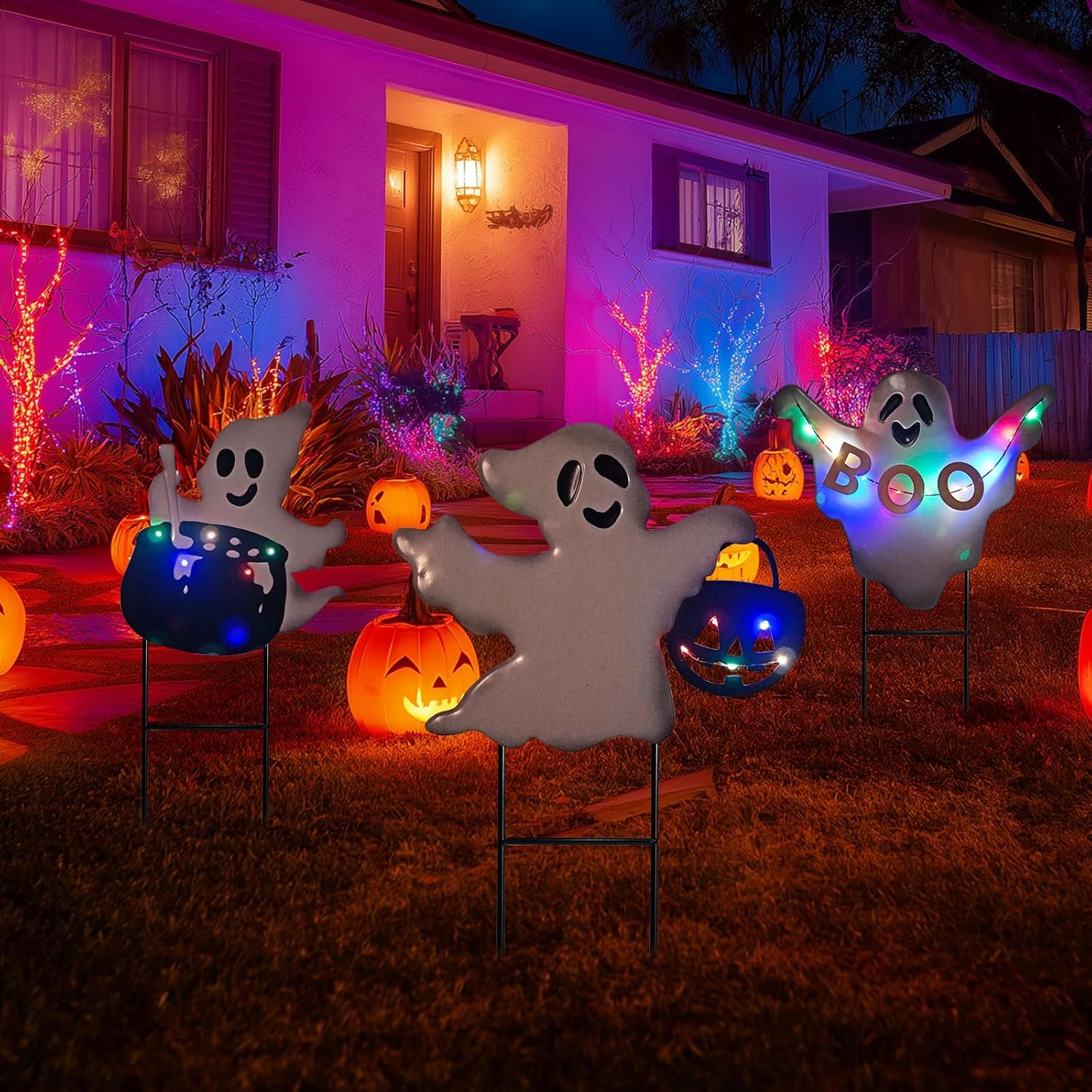 HONGLAND Halloween Solar Yard Stakes, Metal Ghost Lights, Black Cat Jack-o-Lantern ，Yard Signs for Outdoor Front Door Yard Lawn Garden Decors