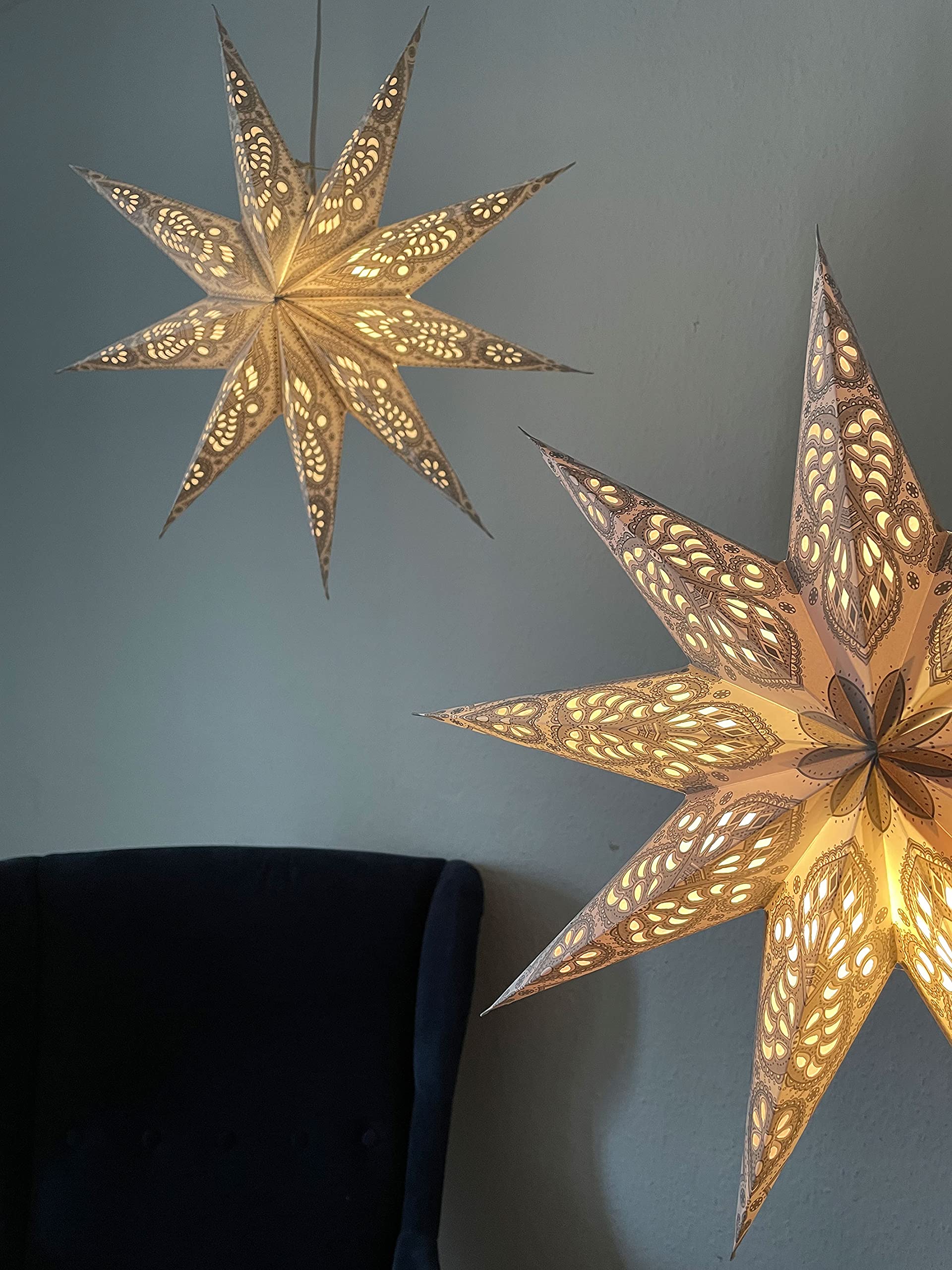 JustStars Papierstern mit Beleuchtung – Set mit Kabel und LED – Weihnachtsstern zum Hängen/Fenster-Deko – 60cm white