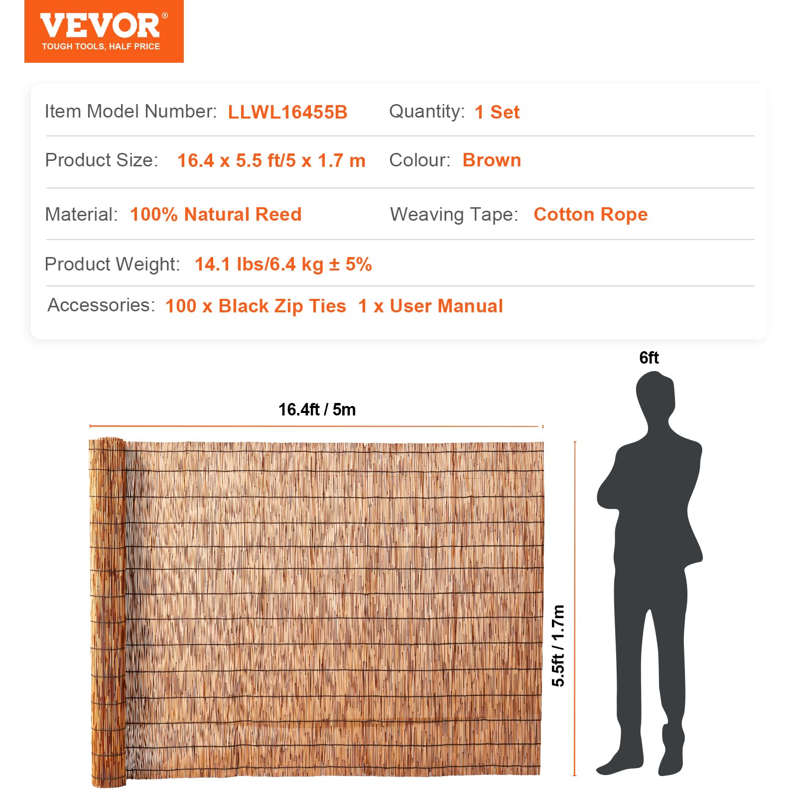 VEVOR Recinzione in Canniccio Naturale, 5 x 1,7 m, Schermo Privacy in Canniccio, Frangivista per Balcone, Frangivista Decorativo per Terrazza Esterna, Divisorio da Giardino, Paesaggistica, Marrone