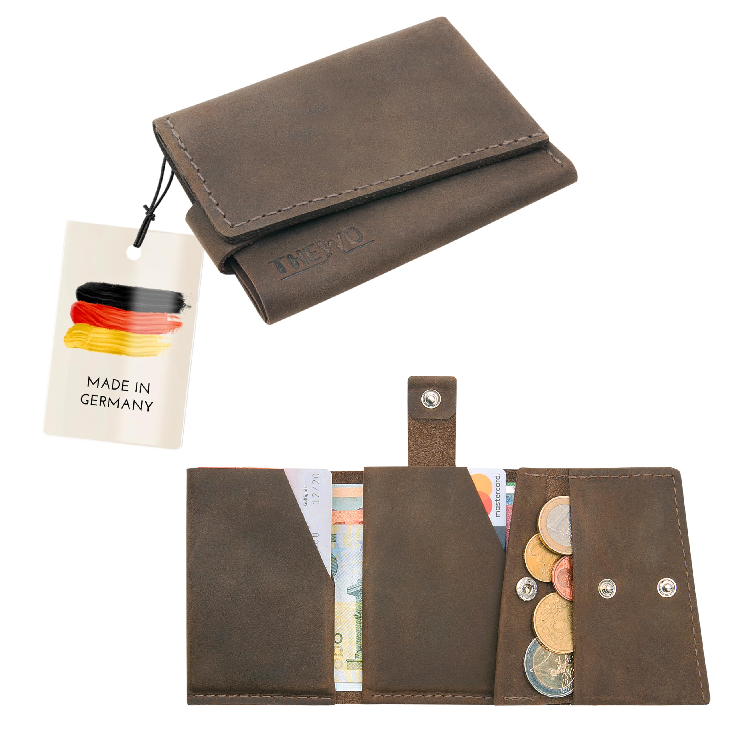 THEWO Slim Wallet Max für Männer & Frauen aus Leder, kleine Geldbörse für viele Scheine, Karten & Münzen, Mini Portemonnaie, Kleiner Geldbeutel (Old antik | Dunkelbraun antik)