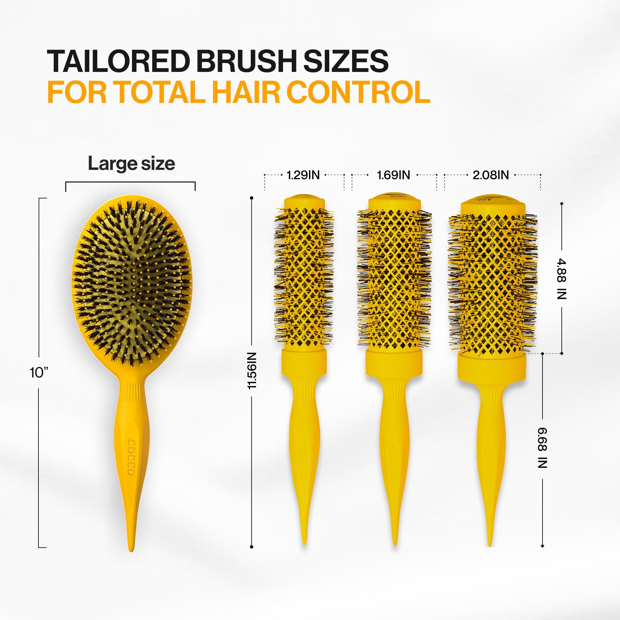 COCCO Aura Brush - Juego de cepillos redondos y de cerámica para mujer, secado y control del encrespamiento, cerdas de turmalina, agarre ergonómico, juego de peinado completo, color amarillo