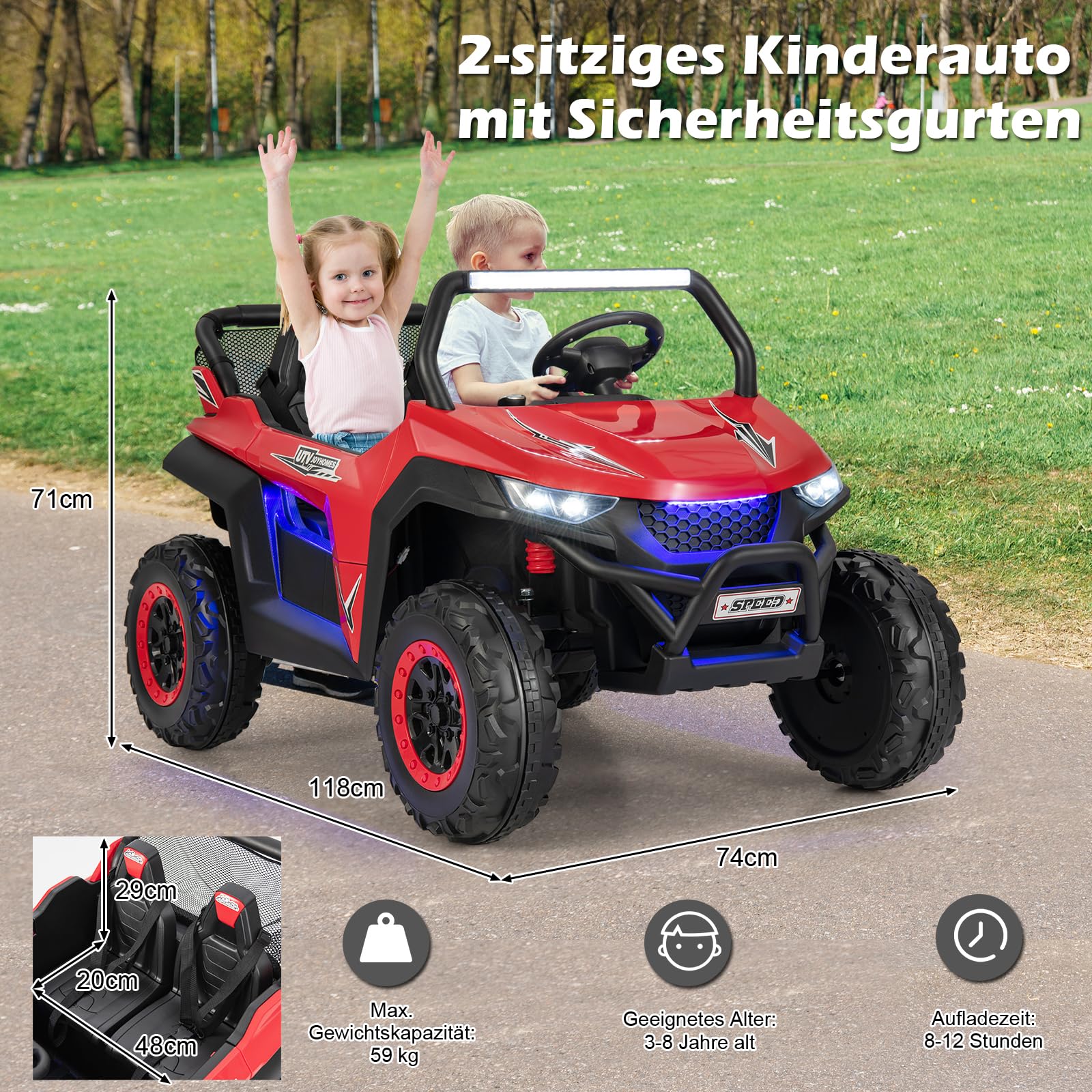 GOPLUS Samochód elektryczny dla dzieci, 12 V, 2-osobowy pojazd z pilotem 2,4 GHz, reflektor, muzyka, fajne świetlne efekty i torba do przechowywania