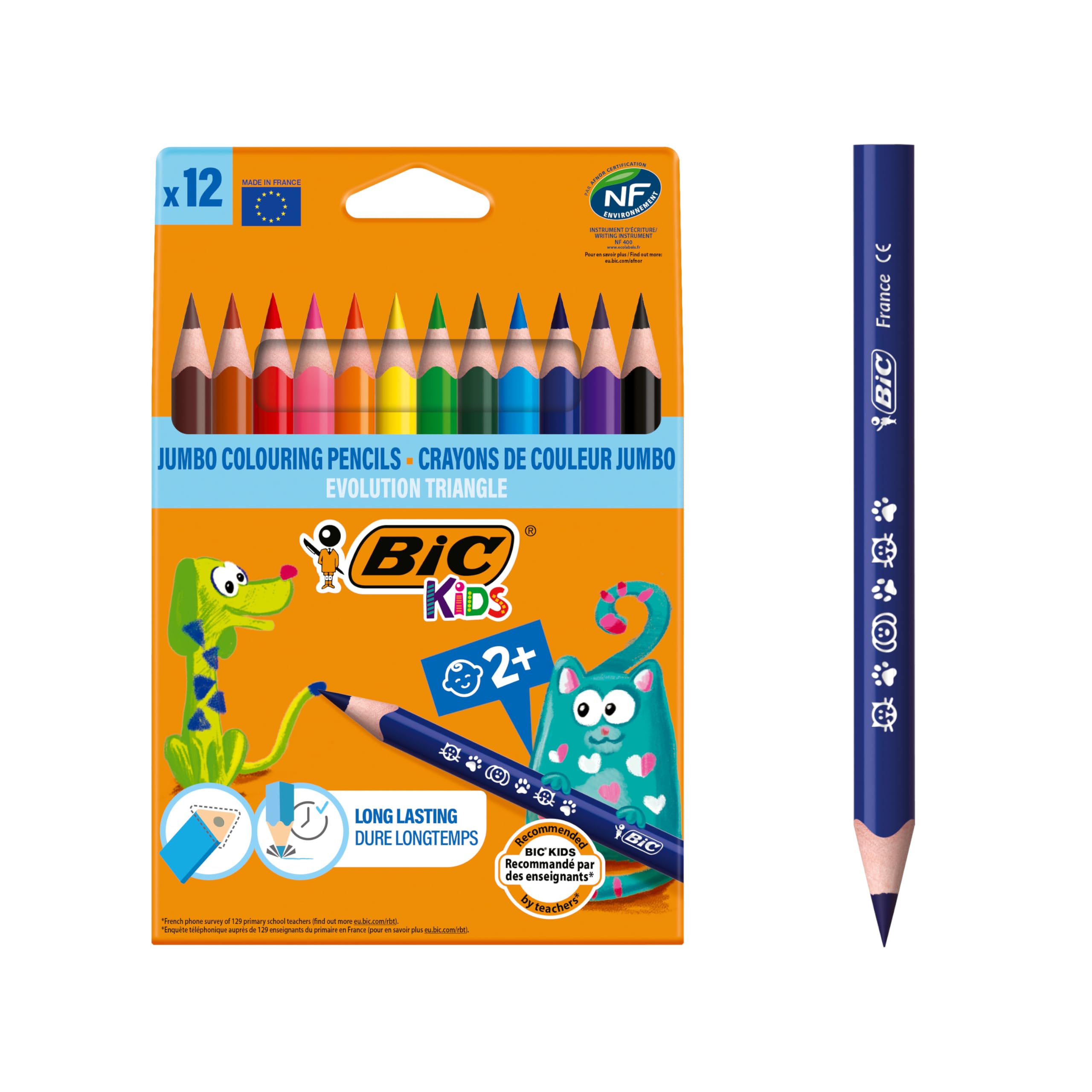 BIC Kids Buntstifte ECOlutions Evolution, Farbstifte Kinder, Ergonomische Dreikant-Malstifte zum Malen in 12 Farben, im Karton Etui, ab 2 Jahre