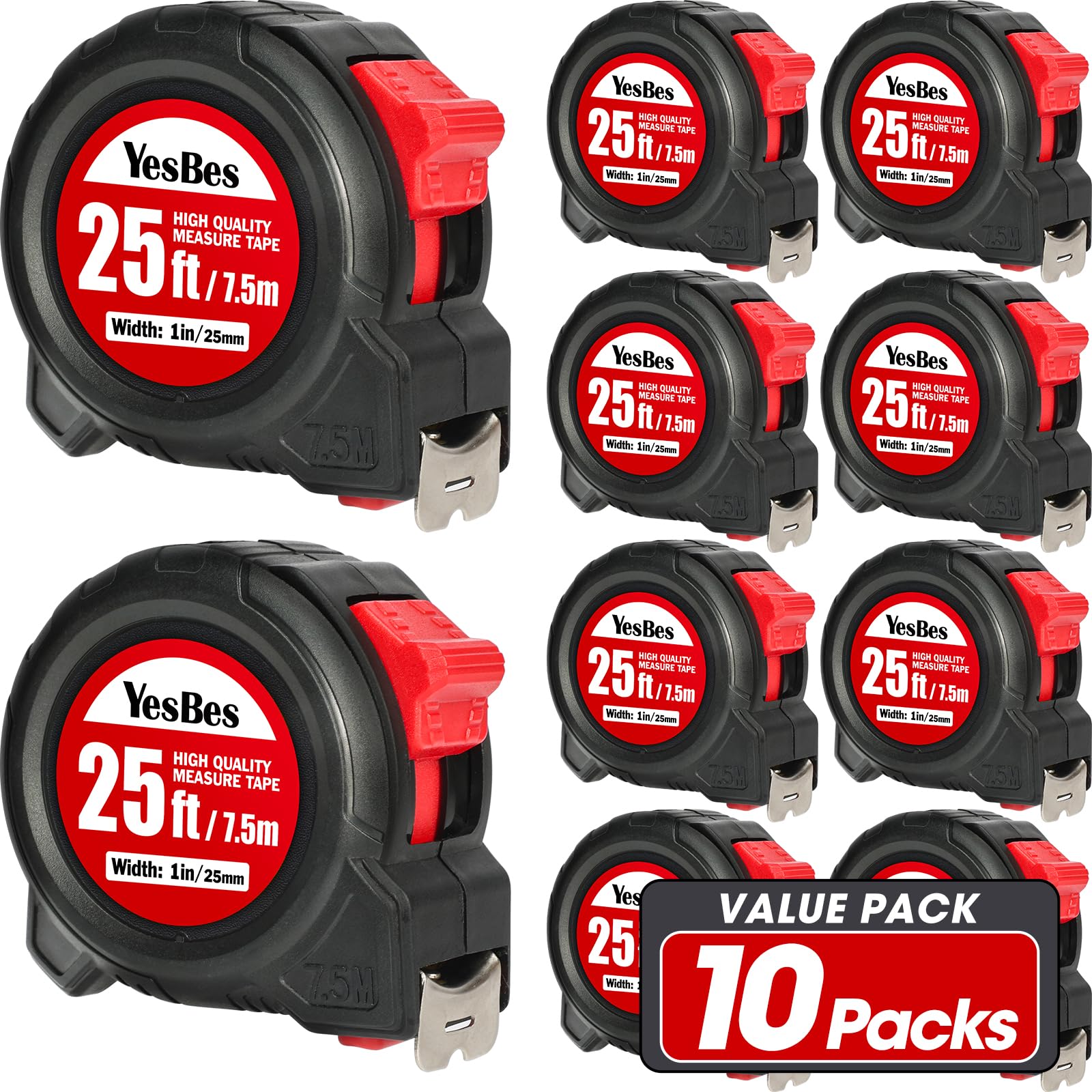 Metro a nastro da 7,6 m, confezione da 10 pezzi, facile da leggere, nastro di misurazione autobloccante, retrattile, 25 m x 2,5 cm