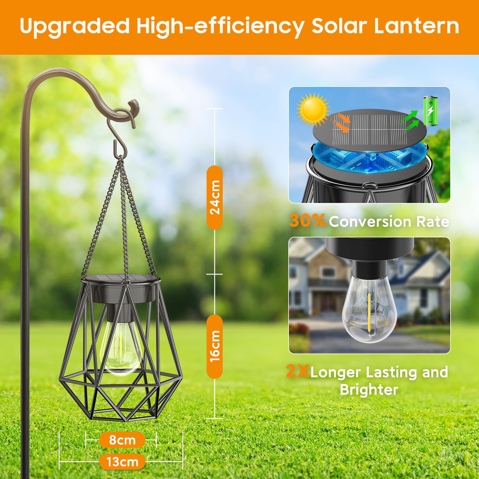 RECHOO Garten Solarlampen für Außen Hängend, 2 Stück Metall Solar Laternen für Draußen mit LED-Glühbirne, IP65 Wasserdicht Solarlaterne für Außen Weihnachten Halloween Terrasse Rasen Balkon Hof