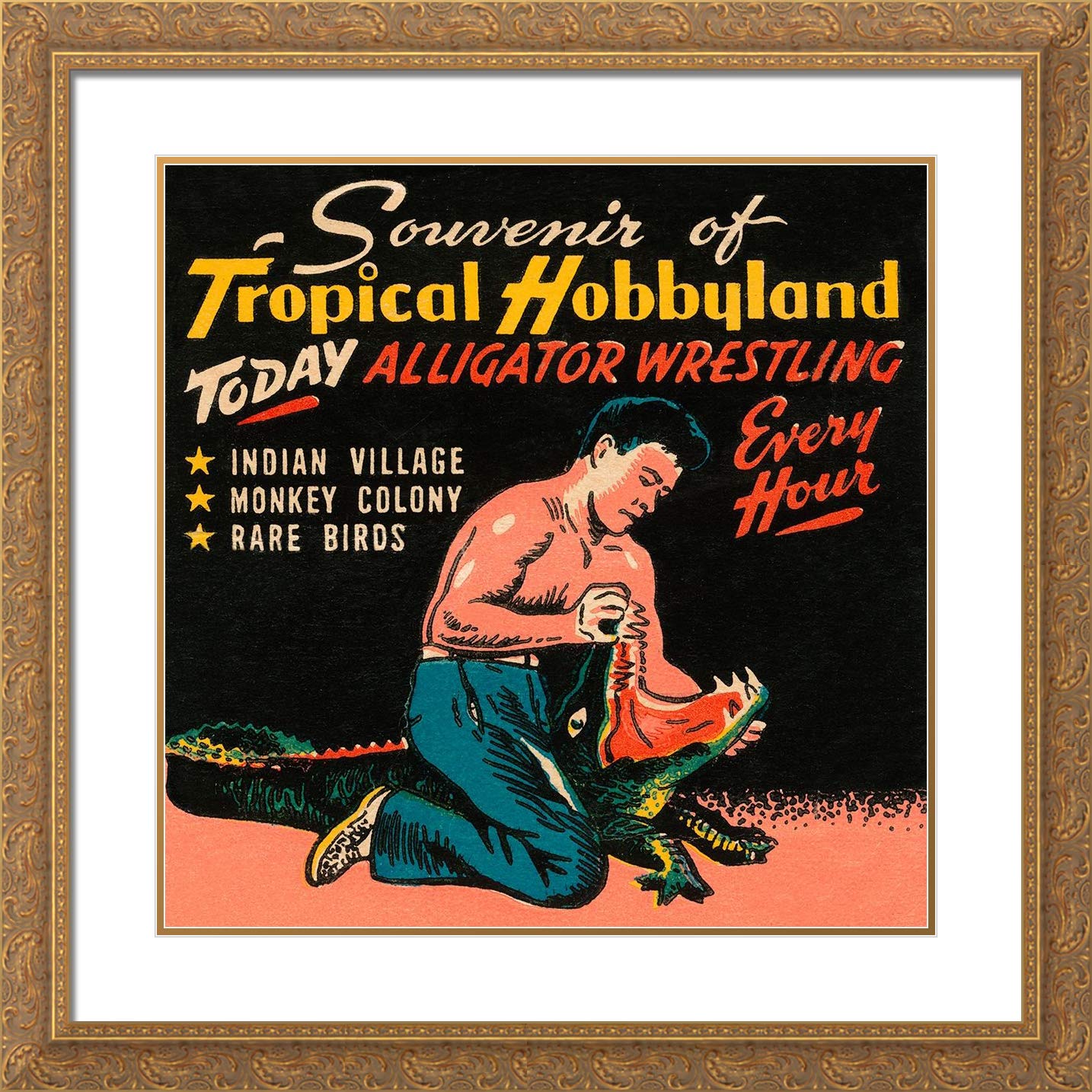 Retrotravel 28x28 Large Gold Ornate Frame and Double Matted Museum Art Print Titled Tropical Hobbyland - Alligator Wrestling