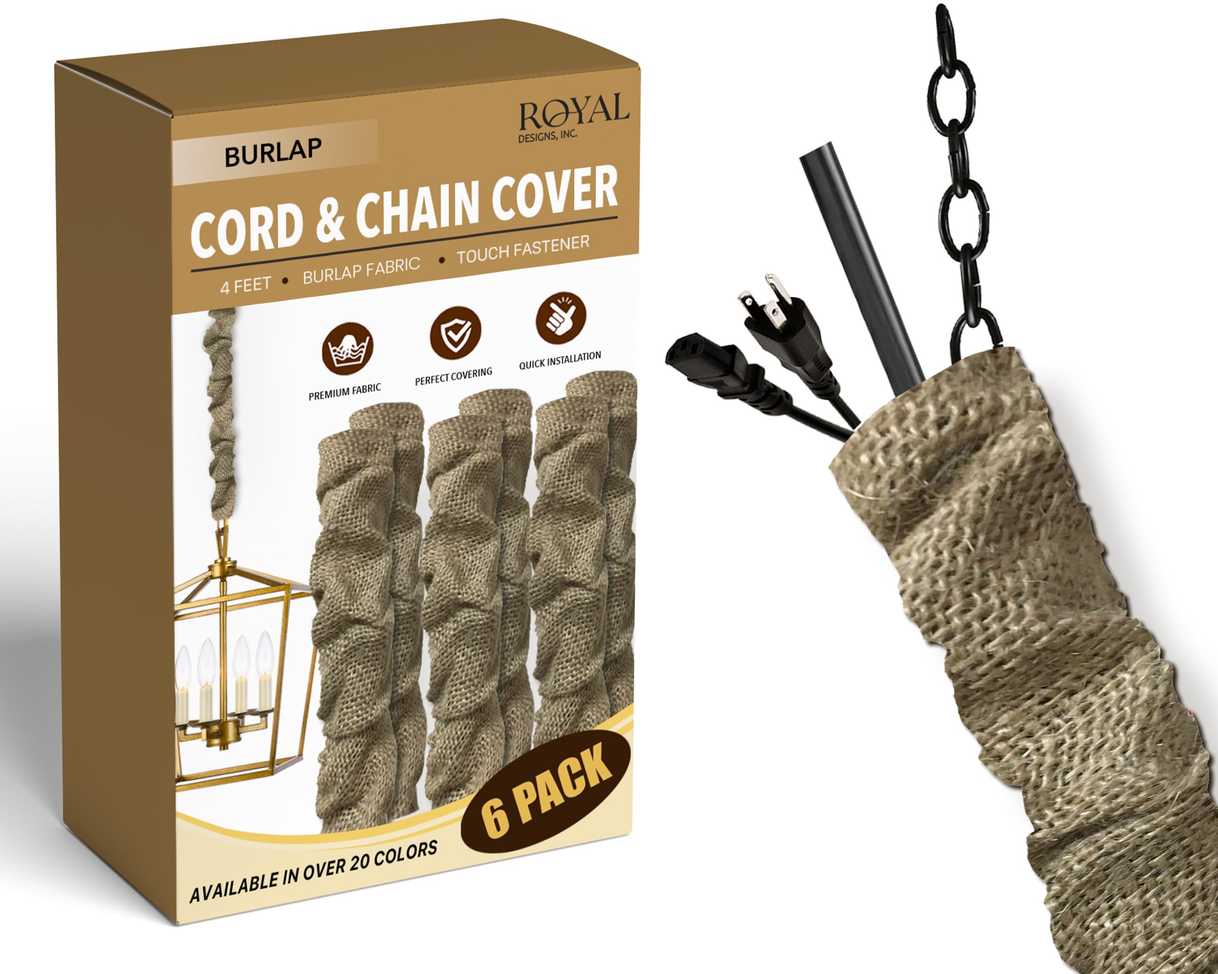 Royal Designs, Inc. Cord &amp; Chain Cover 4 ft Silk Type Fabric, Chandelier Pendant Lighting Chain &amp; Cable Management, Touch Fastener, Burlap - 6 Pack