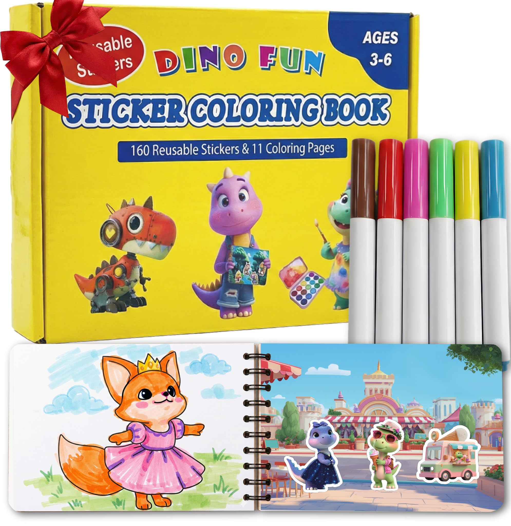 DinoFun Livre d'autocollants réutilisables pour enfants | Ensemble 2 en 1 avec plus de 160 autocollants, 6 marqueurs et 11 thèmes | Jouet de voyage éducatif pour enfants de 4 à 8 ans