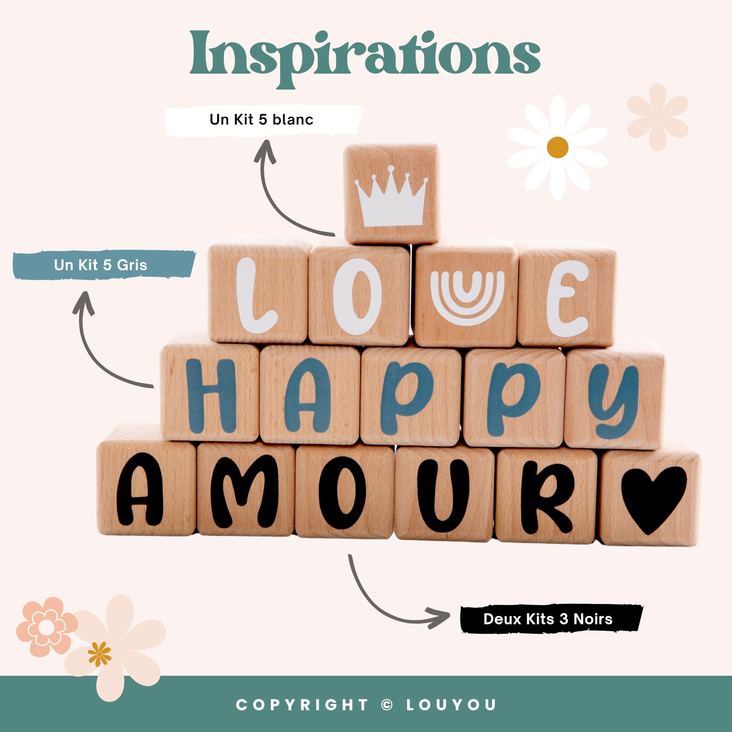 Cubos de Madera de 5cm x 5cm Kit de 4 Cubos con Pegatinas Grises - Letras de Madera de Gran Tamaño, Nombre Personalizado, Decoración para Habitación Infantil y Regalo de Nacimiento (Gris, 4)