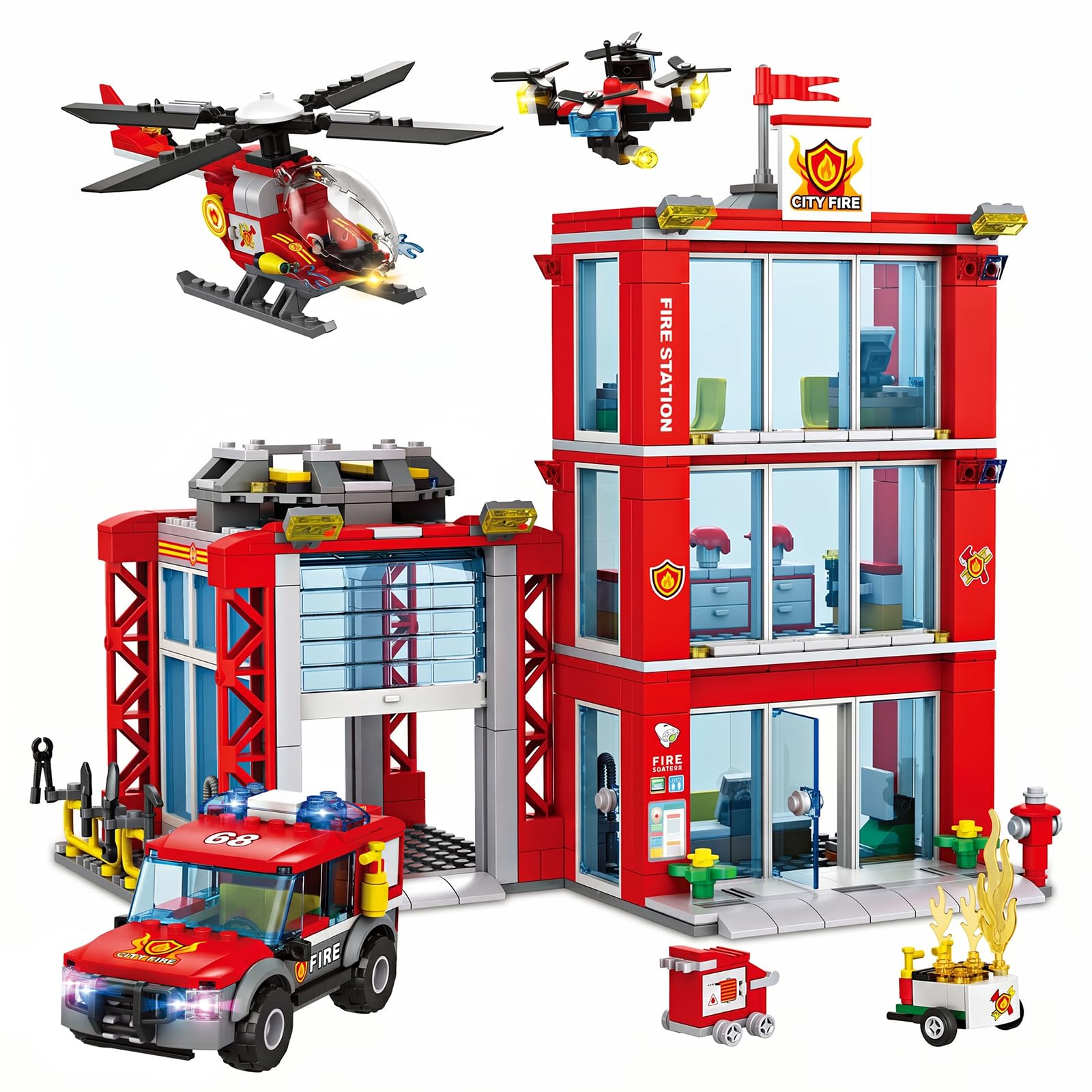 FNSJFYZS City Fire Station Building Set, Fire Department Headquarters Model with Fire Truck, Helicopter & Rescue Drone, Collectible Display Building